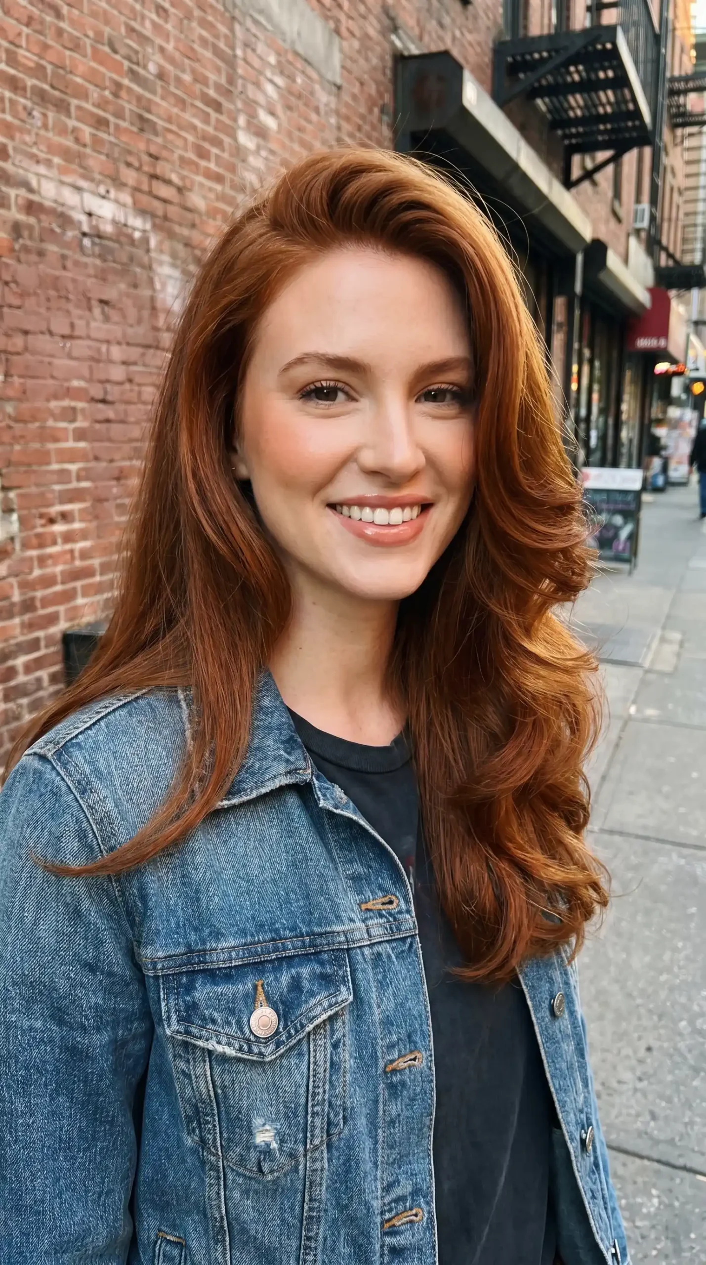 Woman with long auburn red hair Hollywood wave blowout