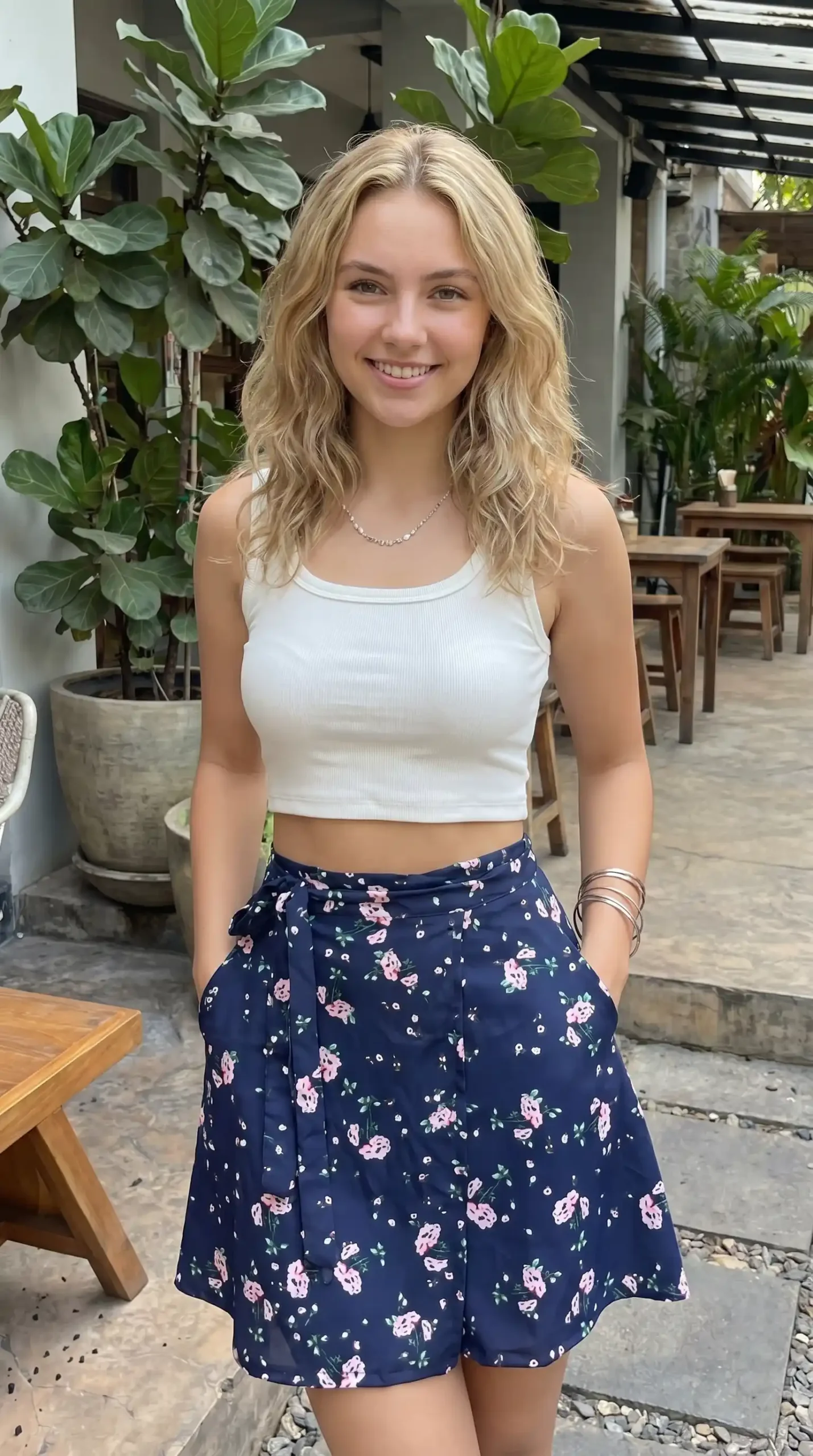 Woman wearing white ribbed sleeveless crop top with navy floral wrap mini skirt outdoors