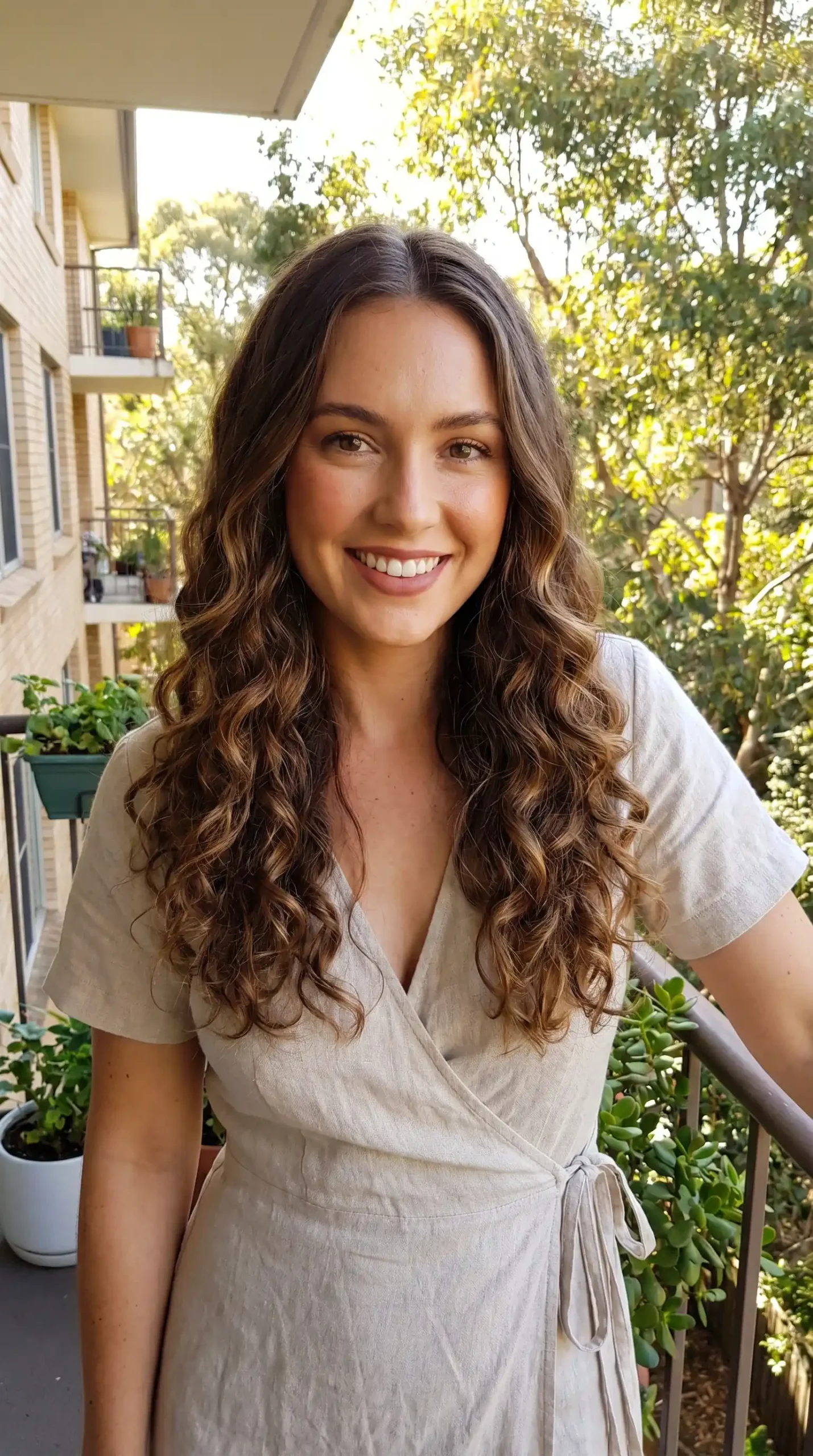 Woman with long chestnut brown bouncy curl blowout hair