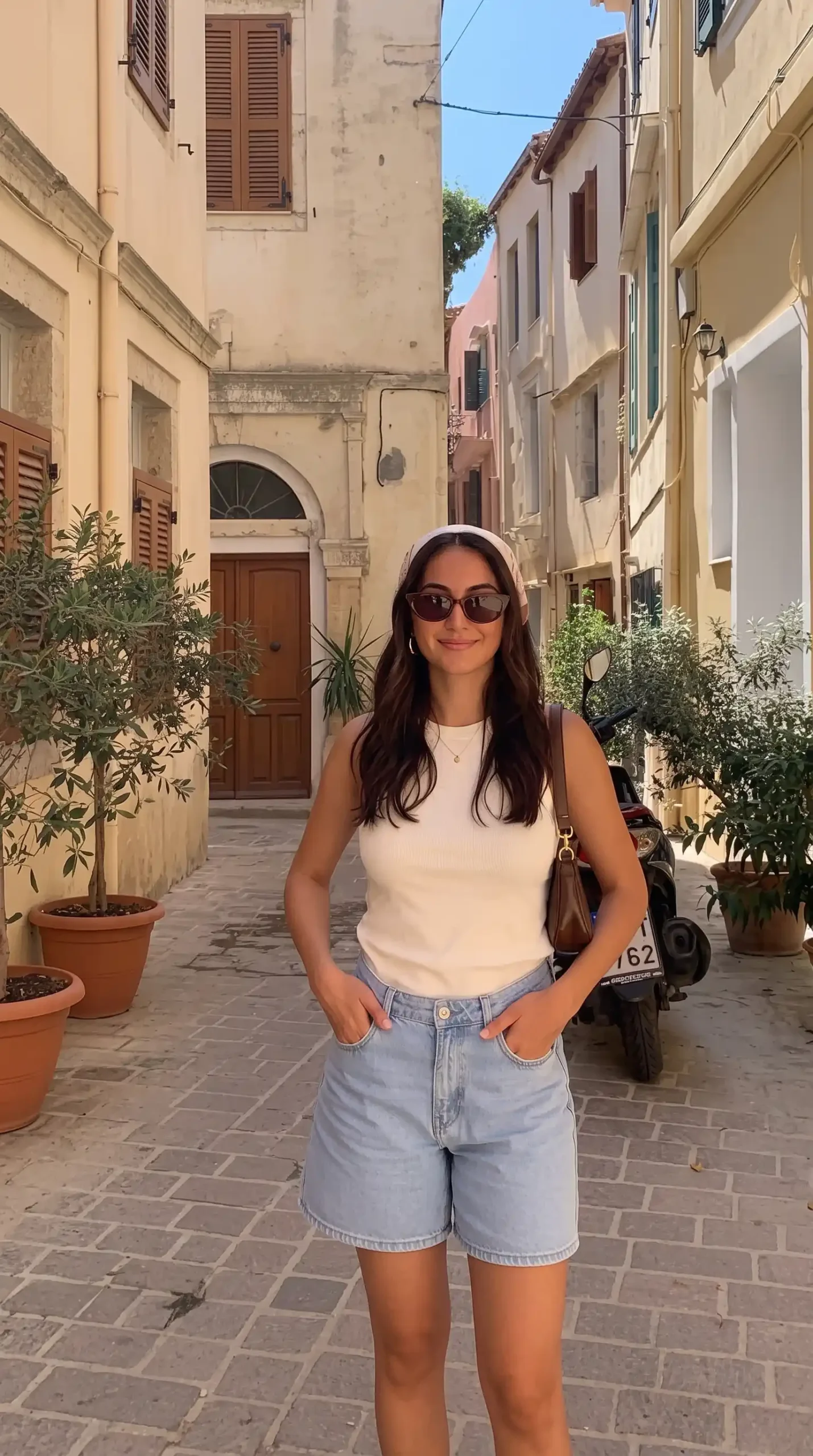Woman wearing cream tank top and light wash denim shorts on European cobblestone street