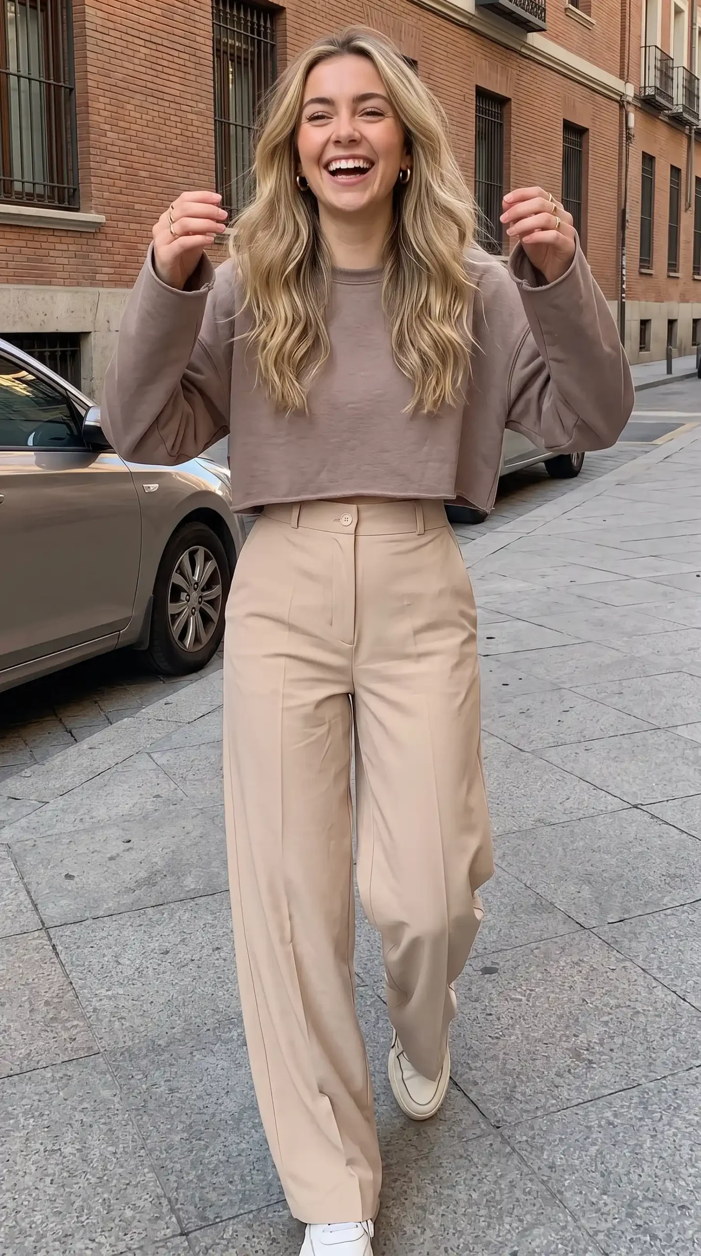 Woman wearing taupe oversized crop sweatshirt with beige wide-leg tailored trousers and cream sneakers outdoors