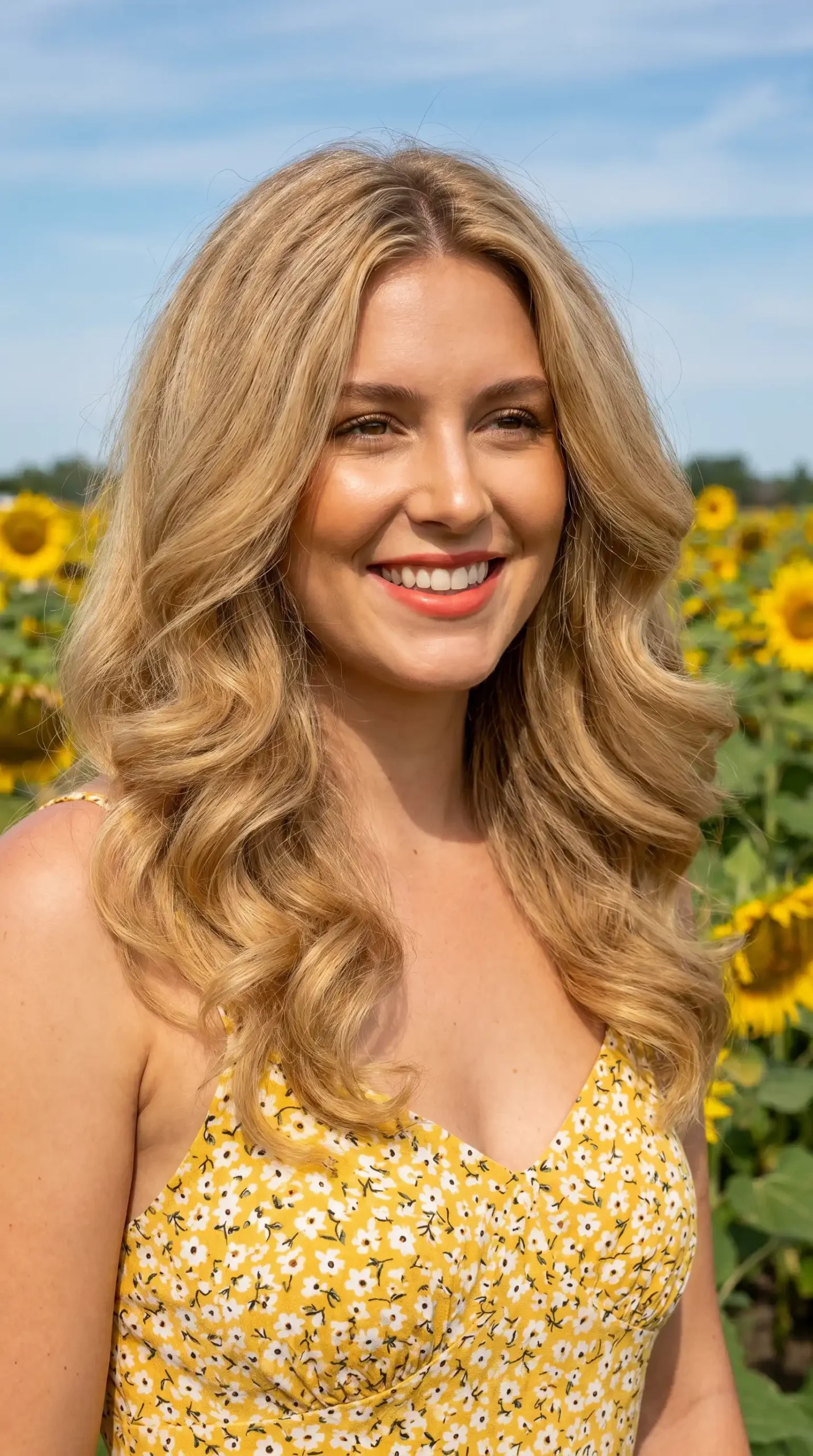 Woman with long golden blonde big curl blowout hair