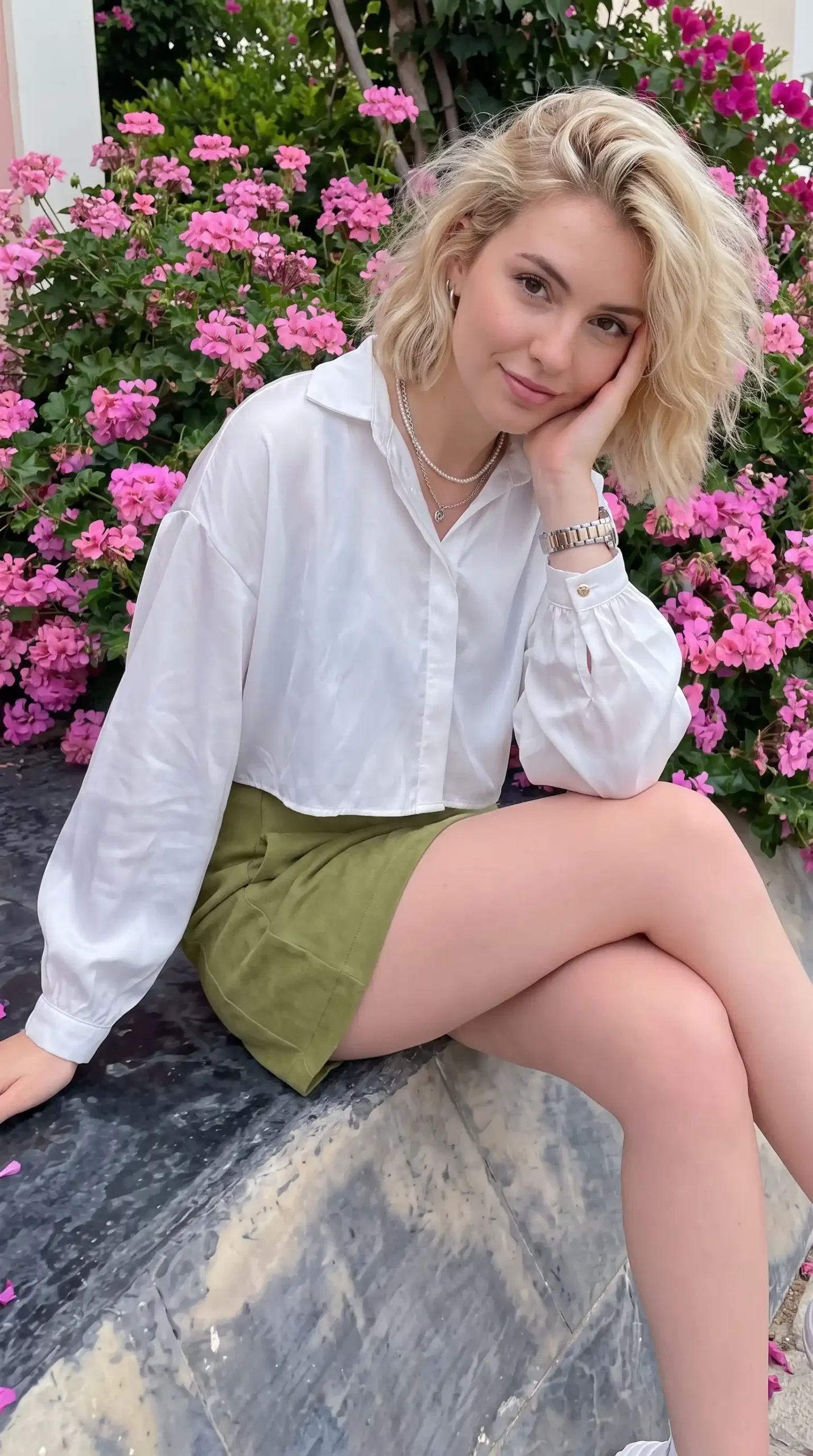 Woman wearing white cropped button up shirt with olive green suede mini skirt outdoors