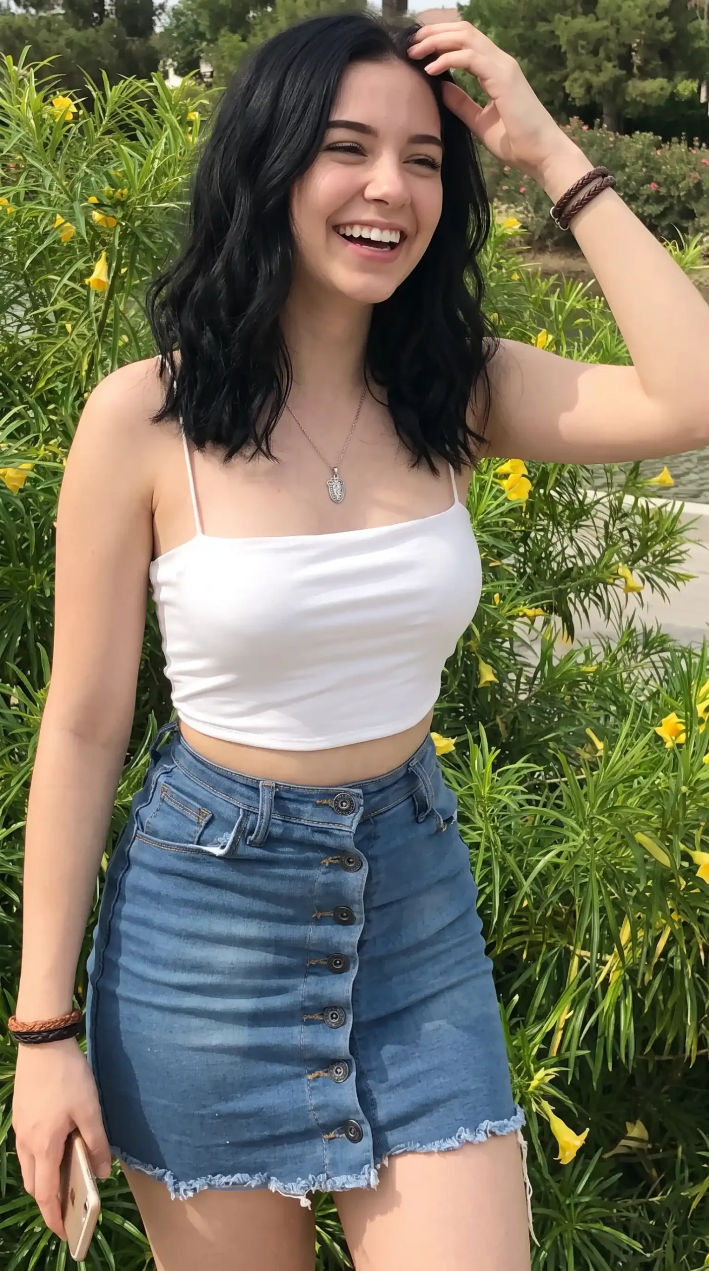 Woman wearing white spaghetti strap cami with light wash denim button front mini skirt outdoors