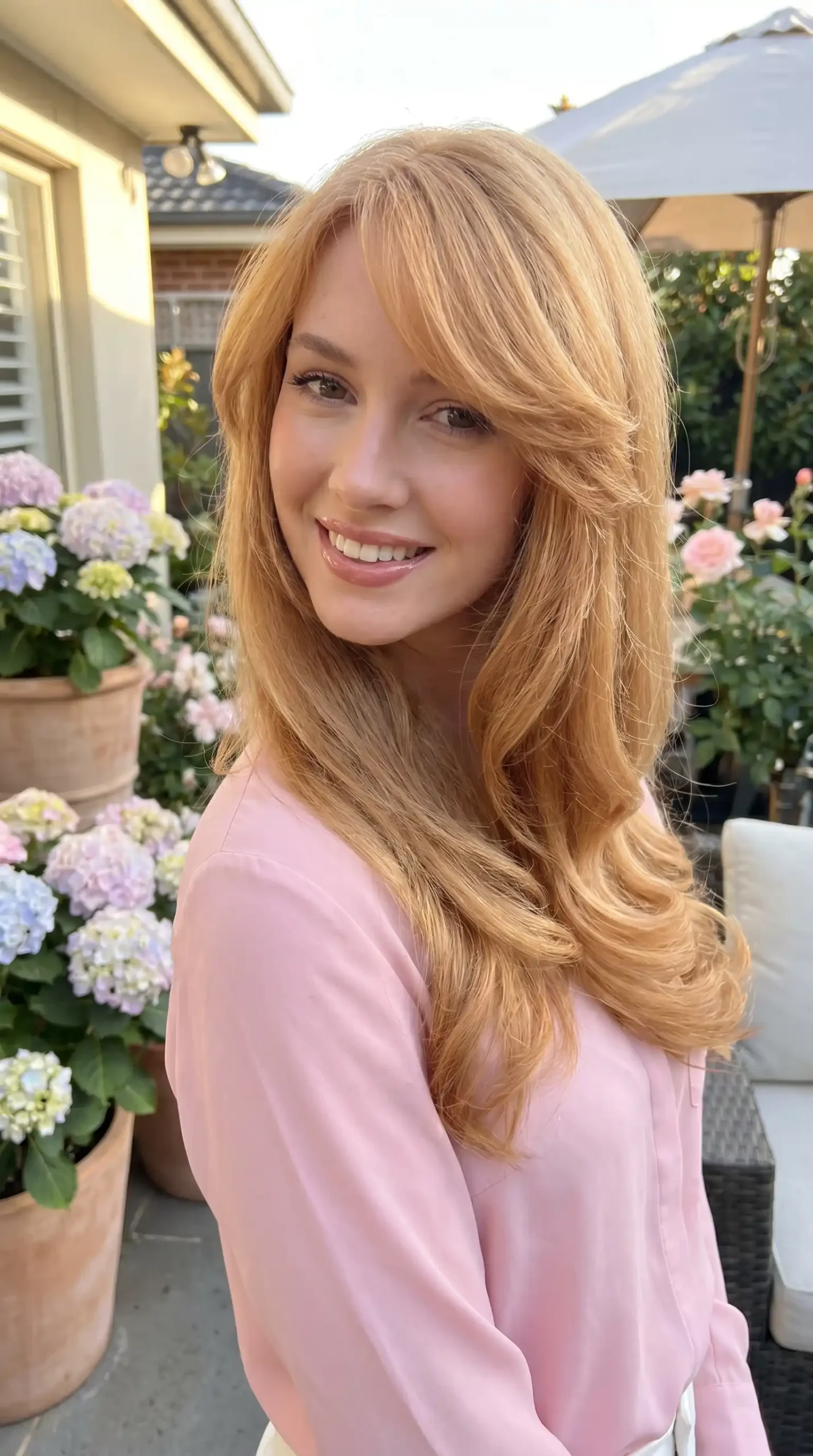 Woman with long strawberry blonde rose gold blowout hair