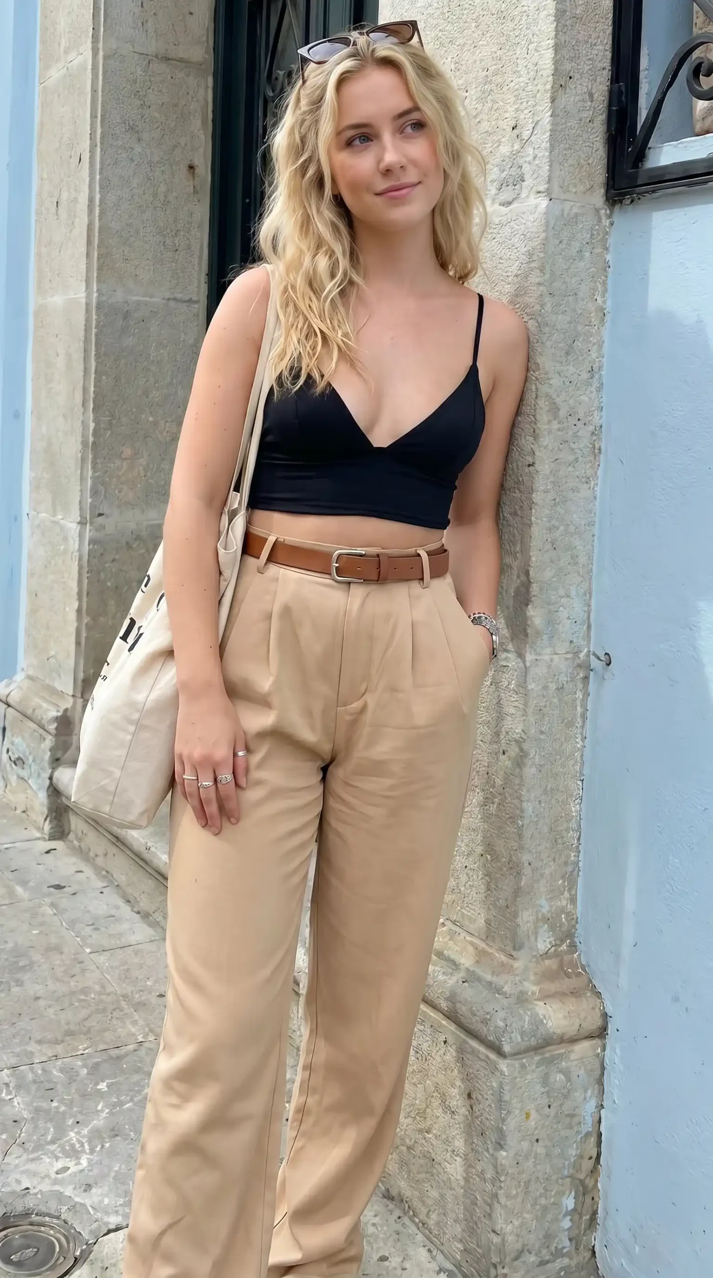 Woman wearing black bralette with beige pleated trousers and brown belt outdoors
