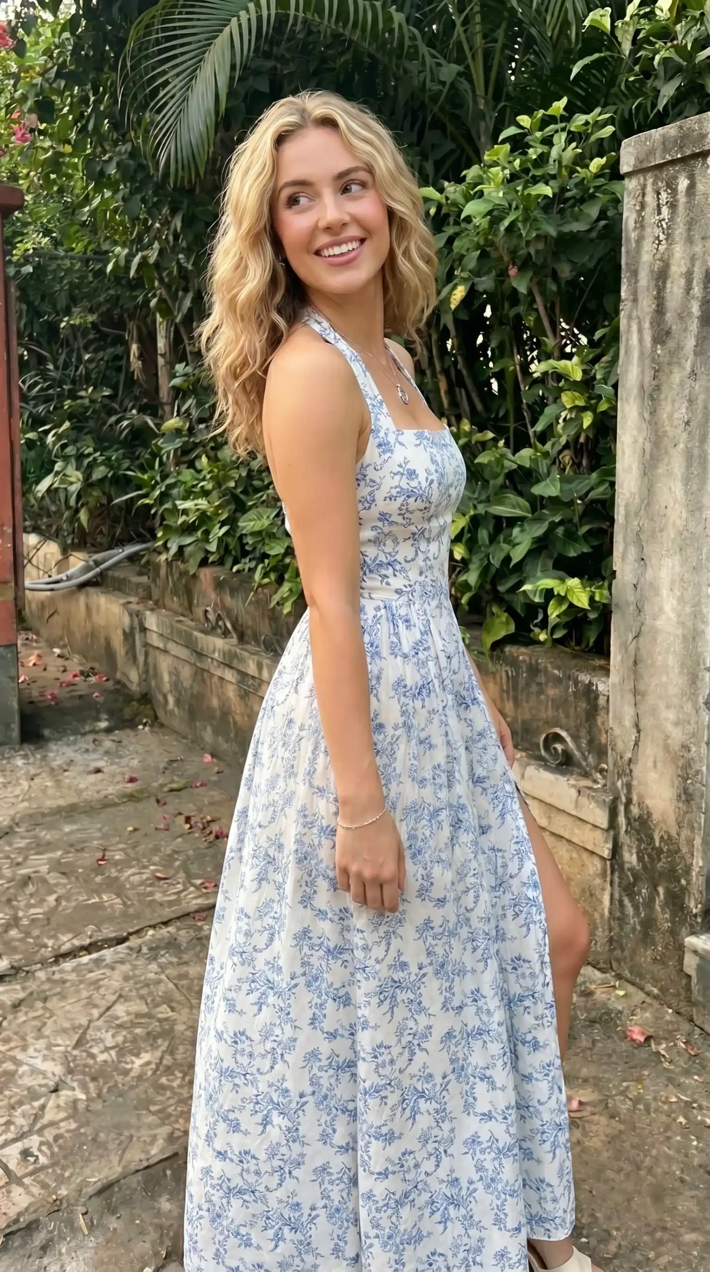 Woman wearing white and blue floral halter maxi dress with high slit outdoors at night