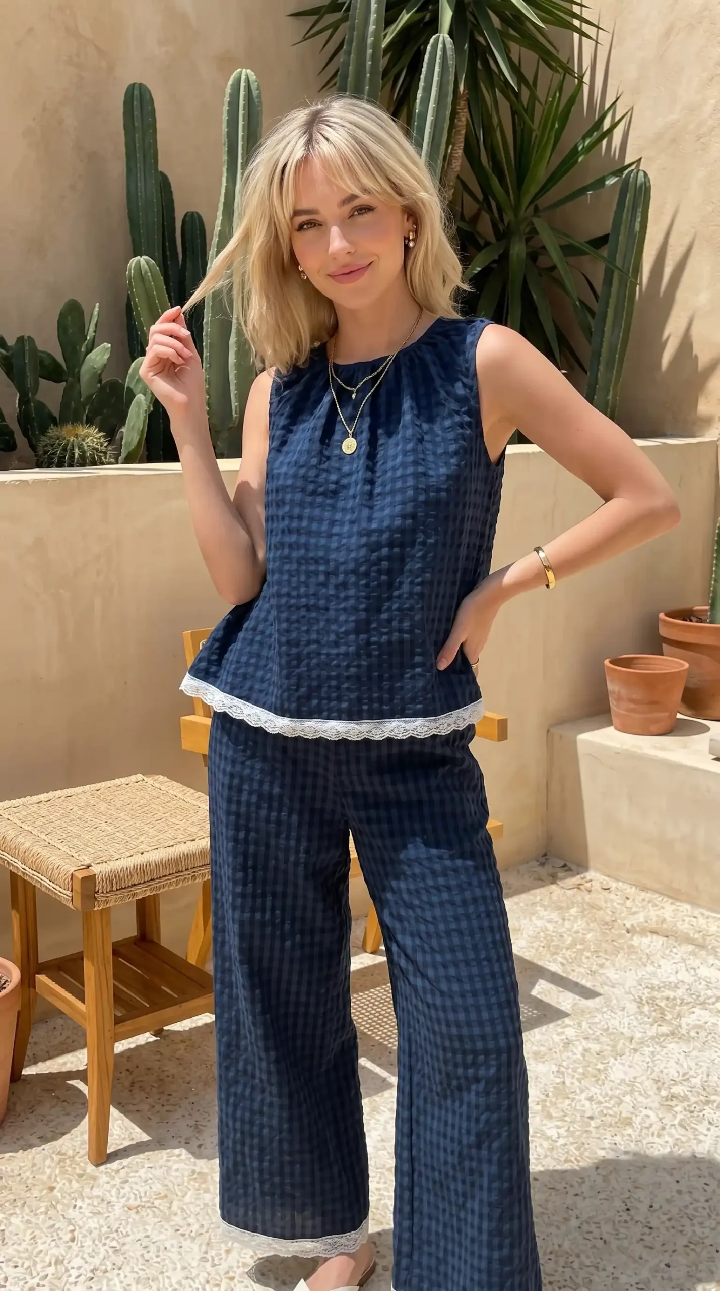 Woman wearing navy blue textured lace-trim co-ord top and wide-leg pants outdoors
