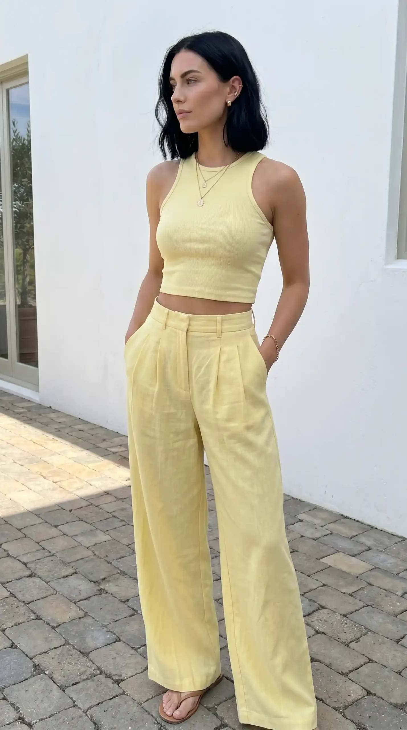 Woman wearing pale yellow racerback tank with matching pleated wide-leg trousers outdoors