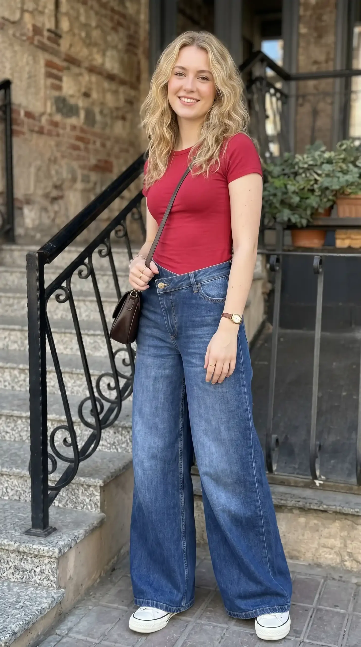 Woman wearing red fitted tee with dark wash wide-leg jeans on stone steps
