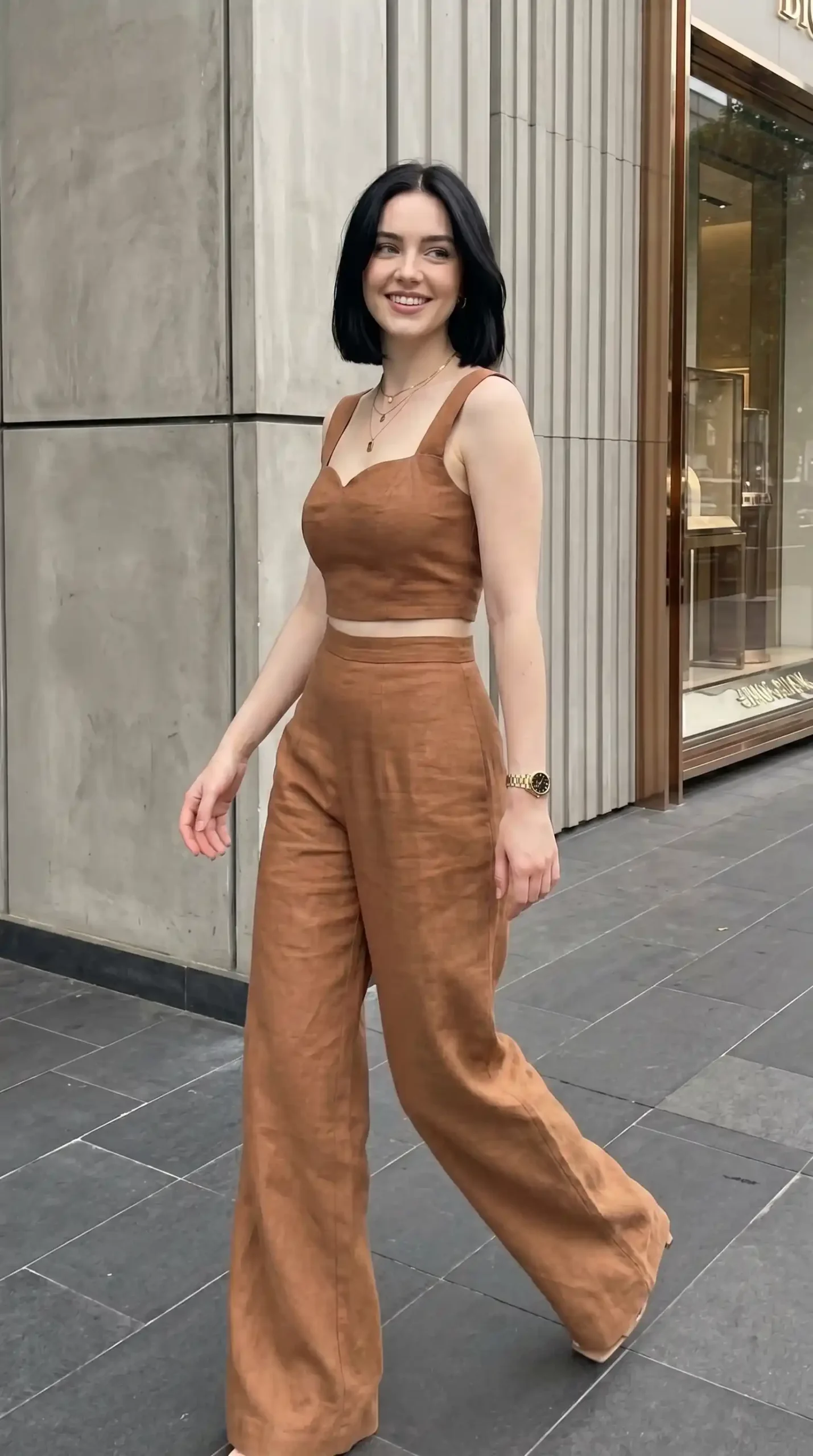 Woman wearing rust brown sweetheart crop top with matching wide-leg pants on city street