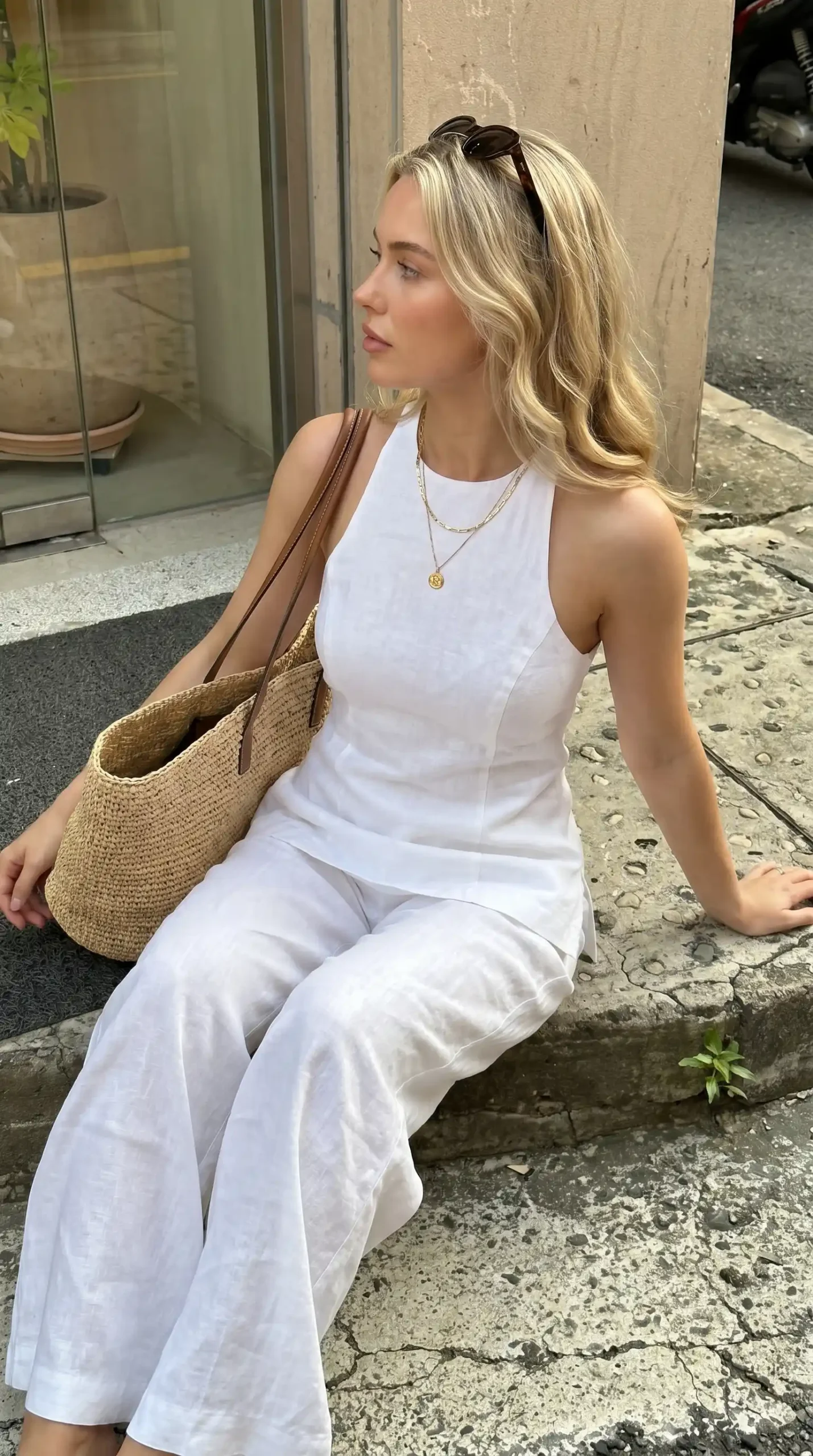 Woman wearing white halter top with white wide-leg linen pants and straw tote outdoors