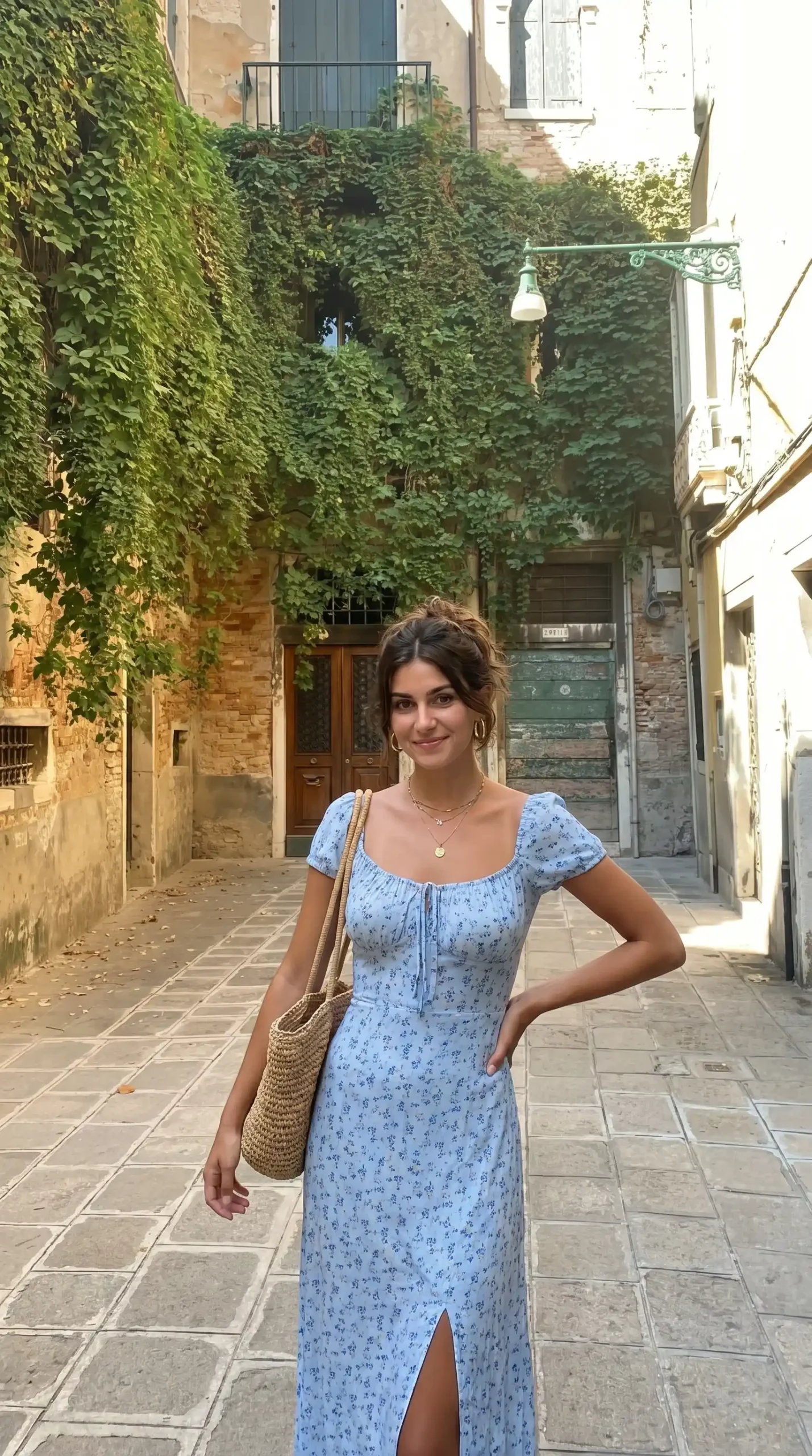 Woman wearing light blue floral puff sleeve midi dress with woven tote bag in European street
