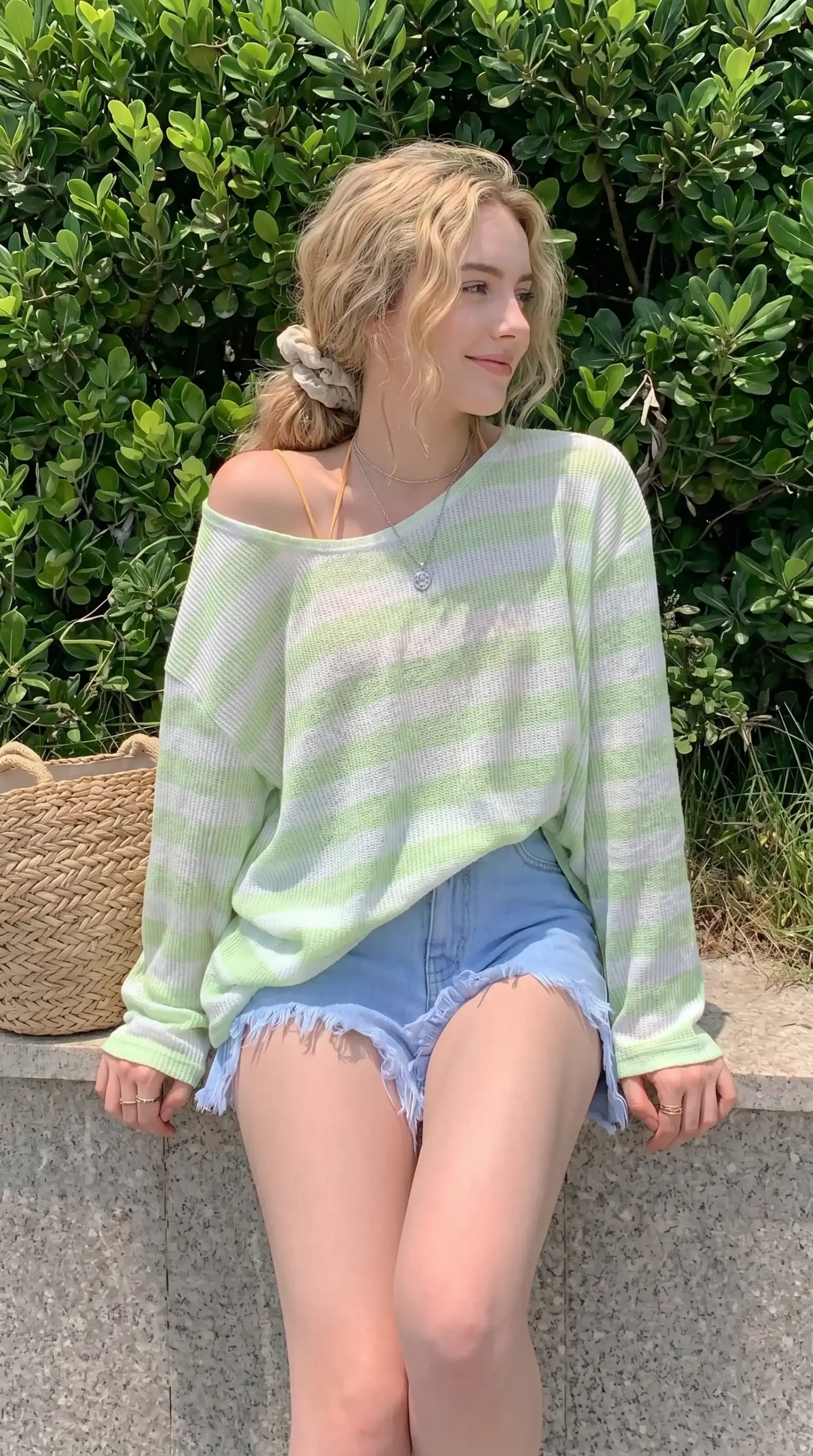 Woman wearing green and white striped off-shoulder sweater with denim shorts outdoors