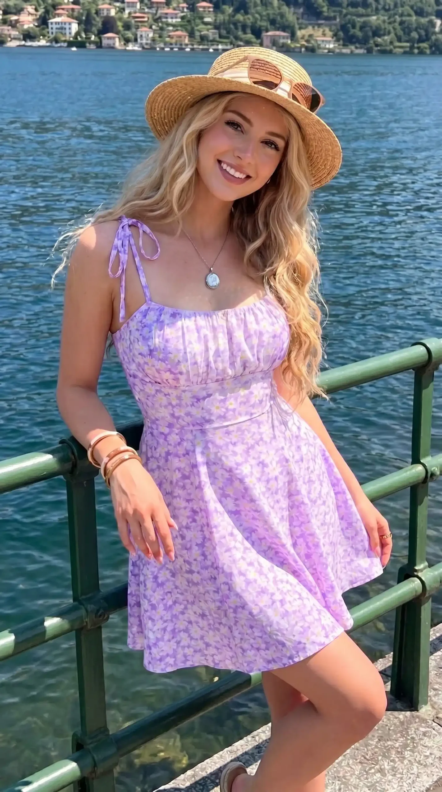 Woman wearing lavender floral tie-strap mini dress with straw hat by the lake