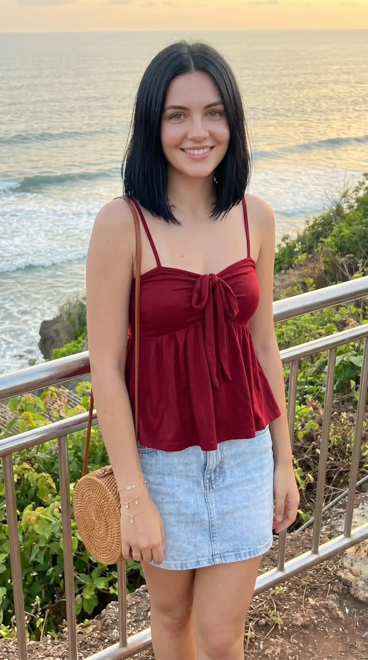 Woman wearing maroon tie-front babydoll top with denim mini skirt by the ocean at sunset