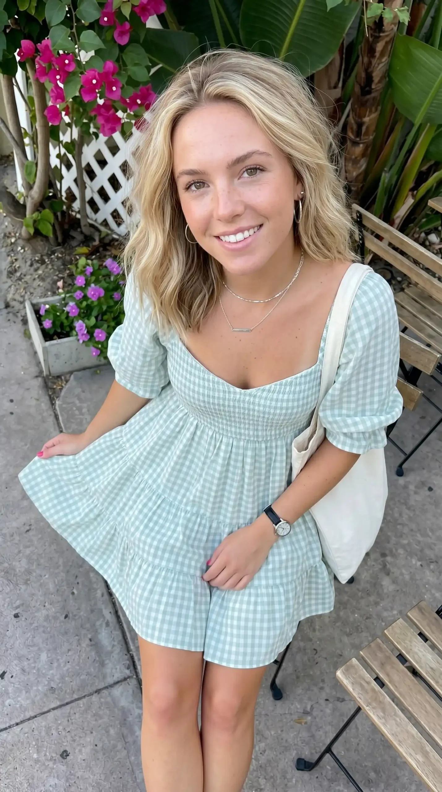 Woman wearing sage green gingham smocked babydoll mini dress with tote bag outdoors