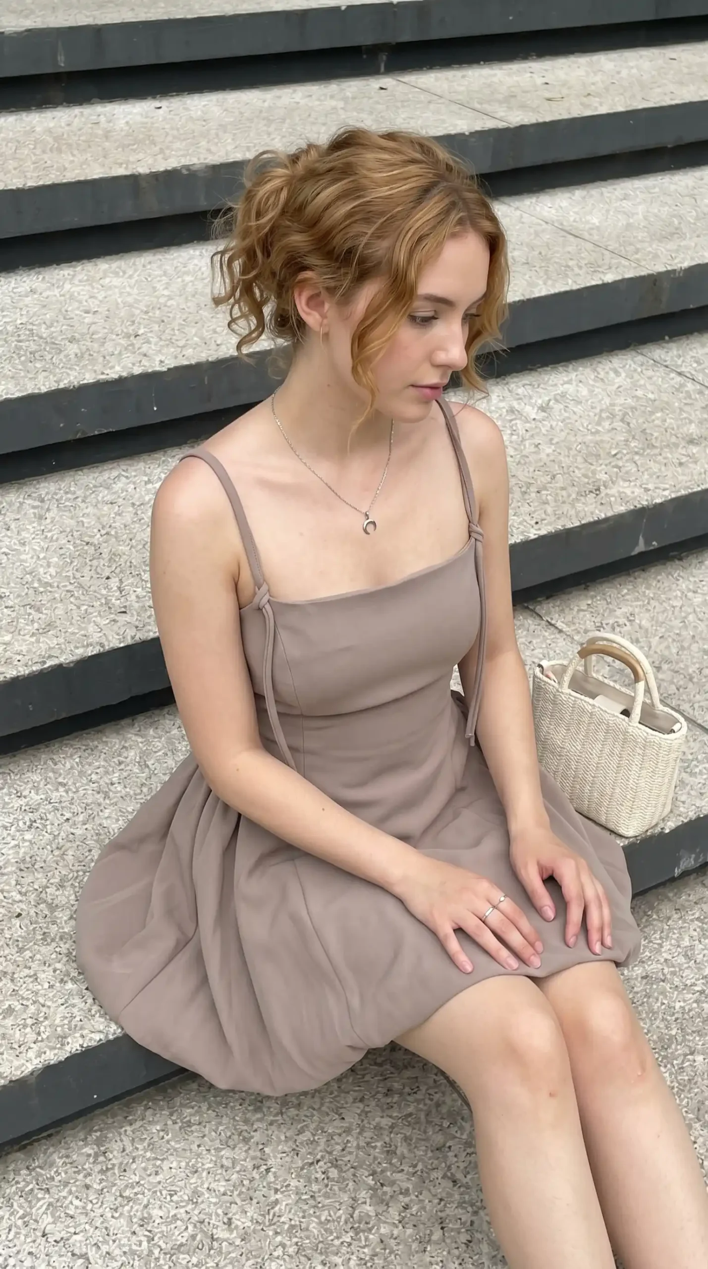 Woman wearing taupe tie-strap fit and flare mini dress sitting on steps