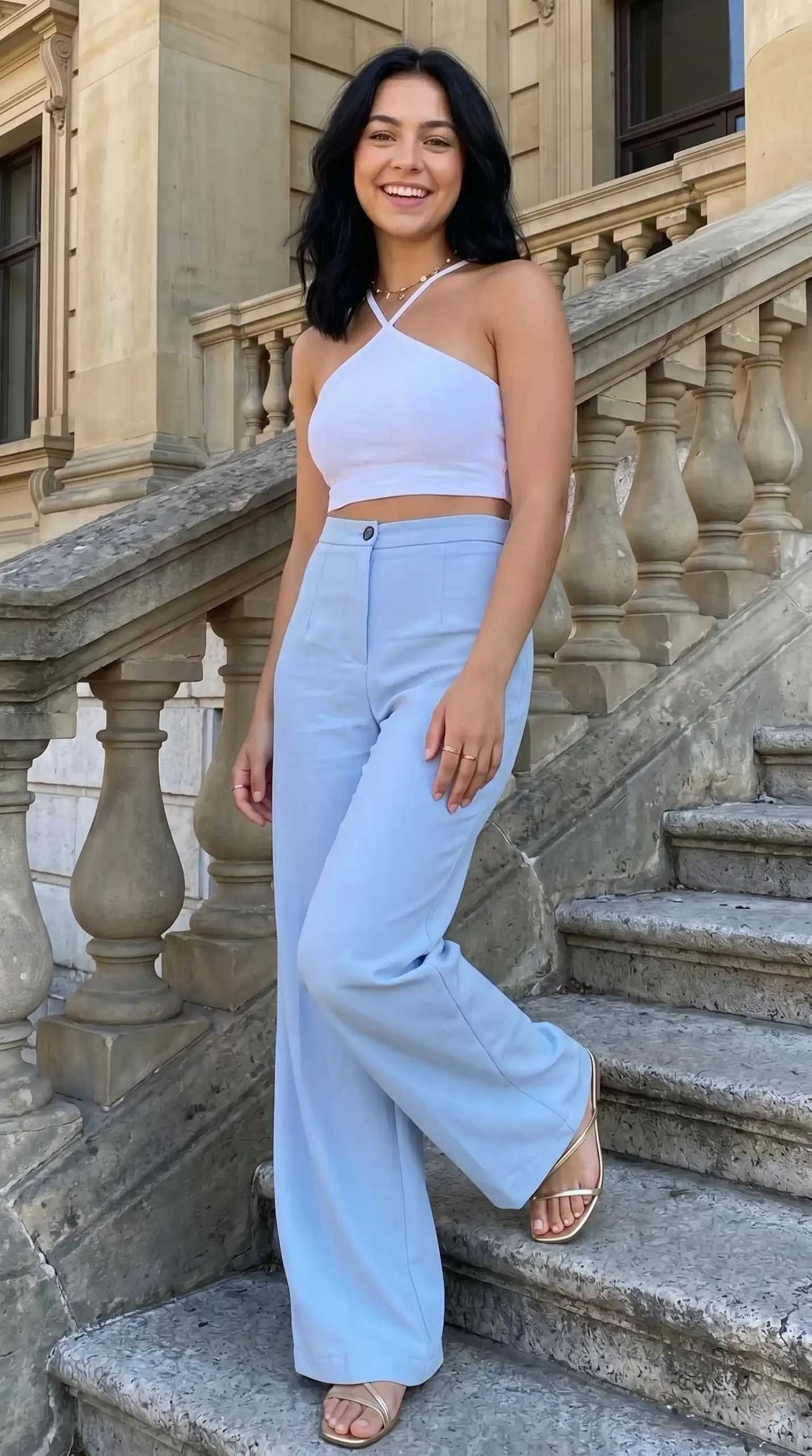 Woman wearing white crossover halter crop top with baby blue wide-leg trousers and gold sandals