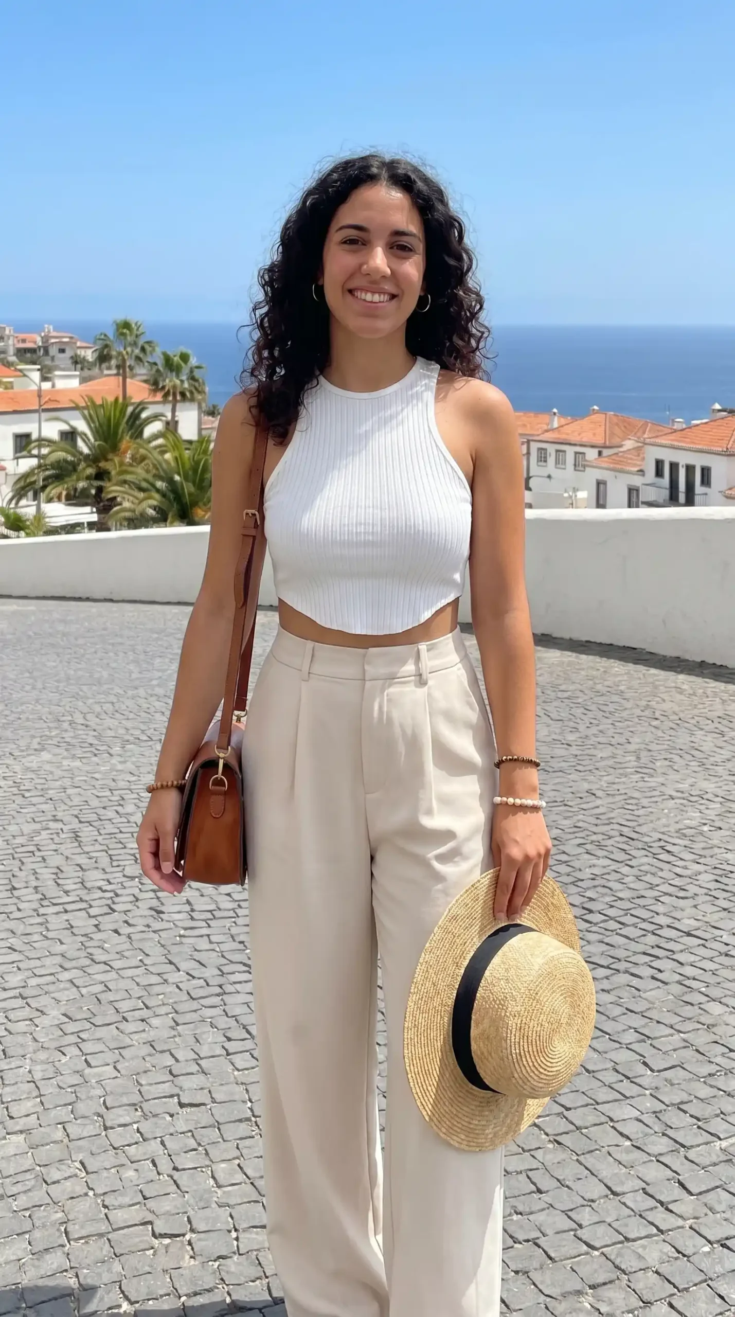 Woman wearing white ribbed crop top with beige wide-leg pants and straw hat by the ocean