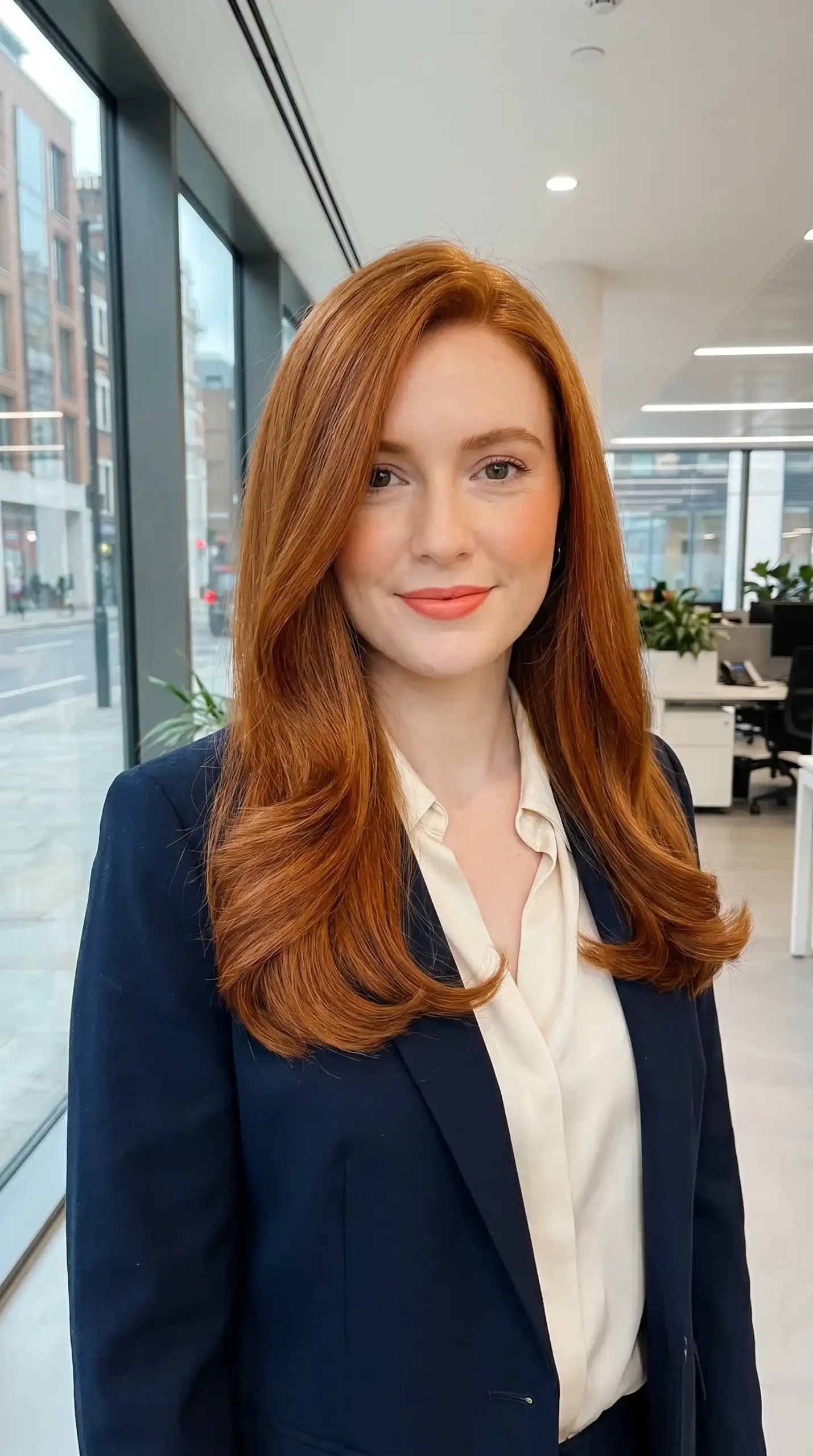 Woman with long vibrant copper red sleek blowout hair