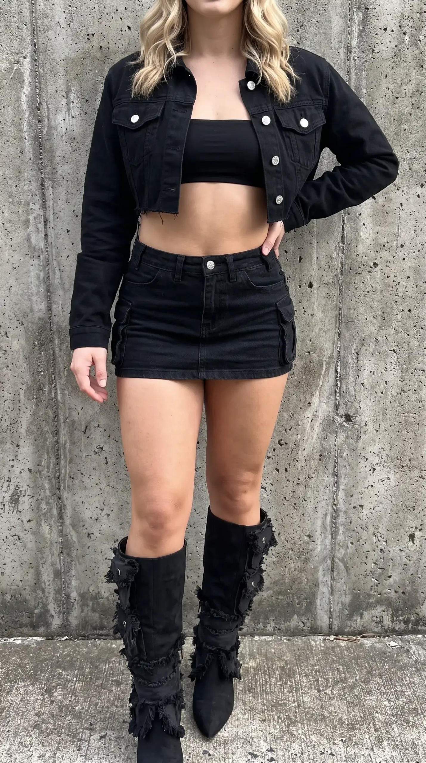 Woman wearing all black crop bandeau top with black denim cargo mini skirt cropped denim jacket