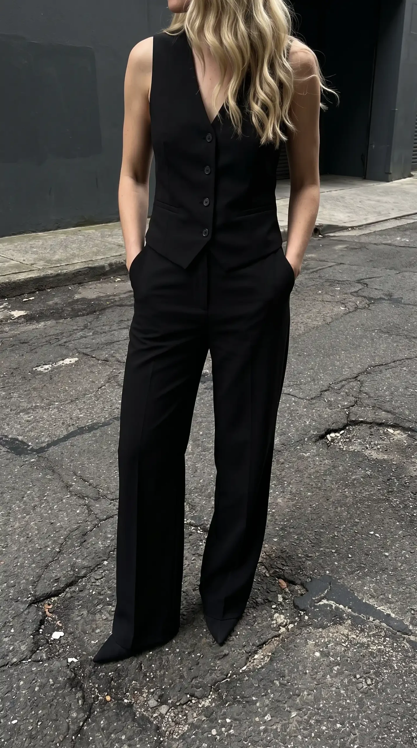 Woman in black tailored suit vest with black wide leg trousers and black pointed toe boots on street