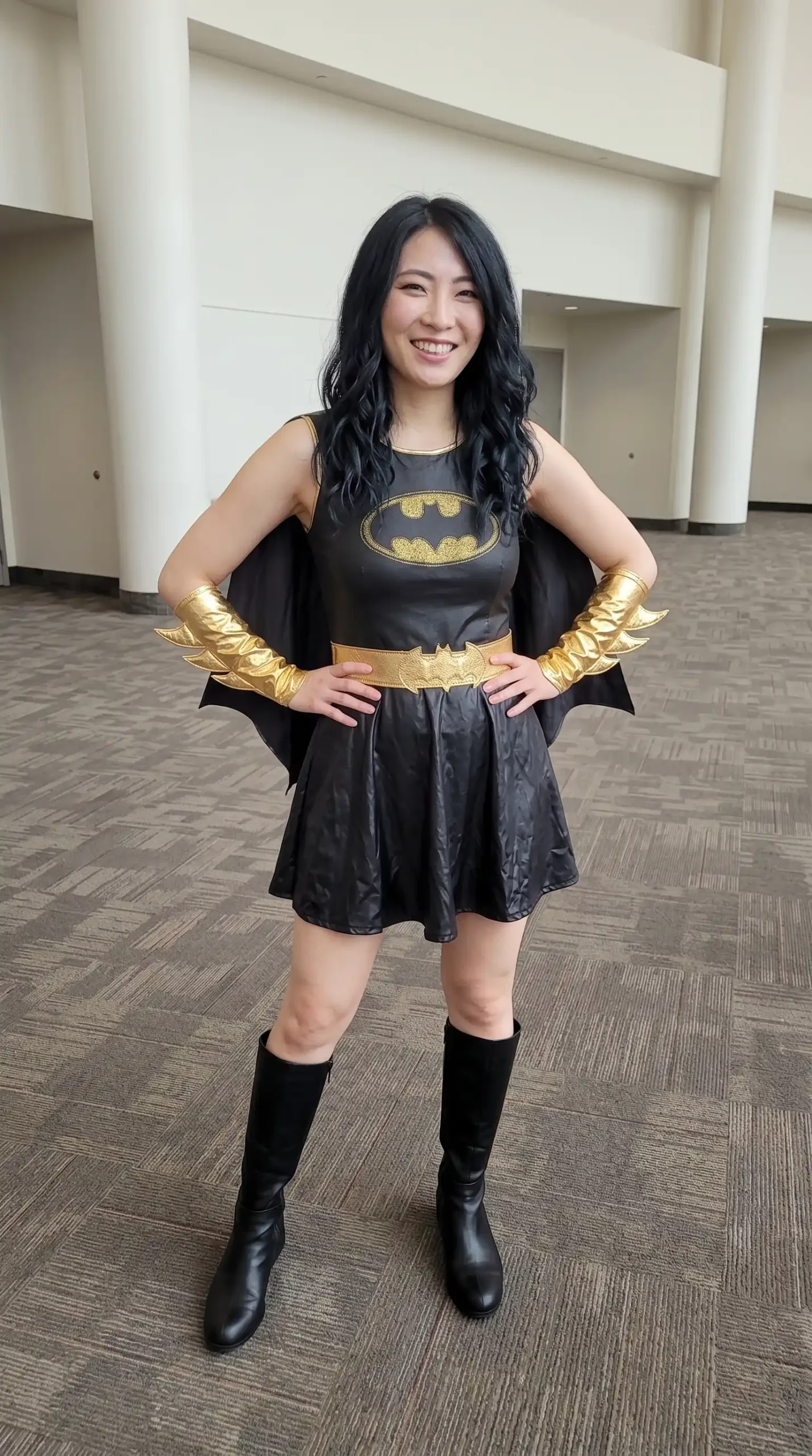 Woman in Batgirl black and gold costume with cape and knee high boots