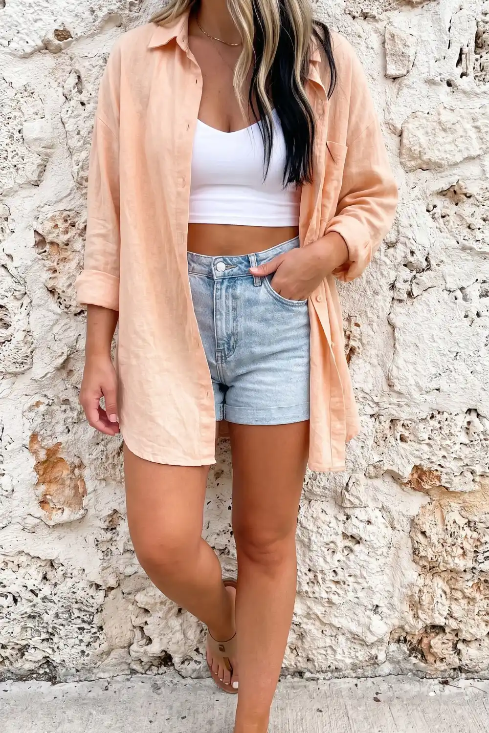 Woman in peach oversized linen shirt over white bralette and light wash denim shorts