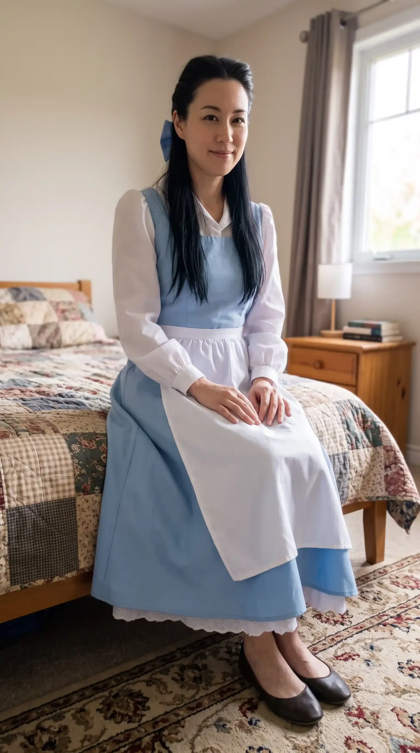 Woman dressed as Belle from Beauty and the Beast in cornflower blue midi apron dress