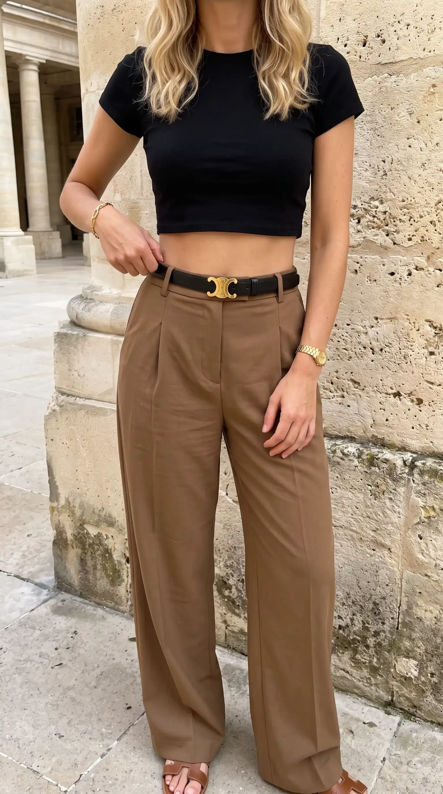 Woman wearing black crop tee with camel belted wide leg tailored trousers
