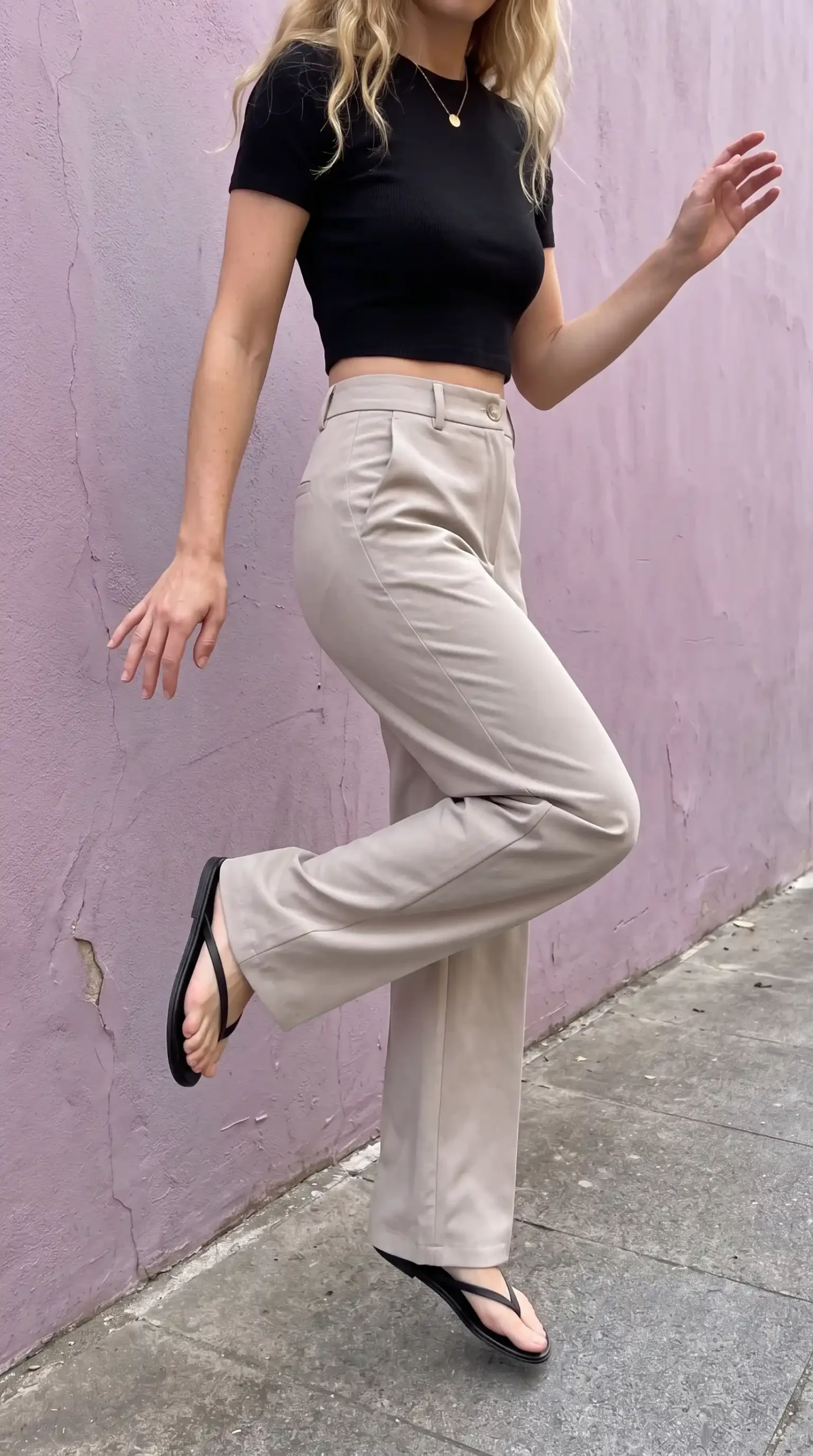 Woman wearing black ribbed crop top with stone beige wide leg tailored trousers and black sandals