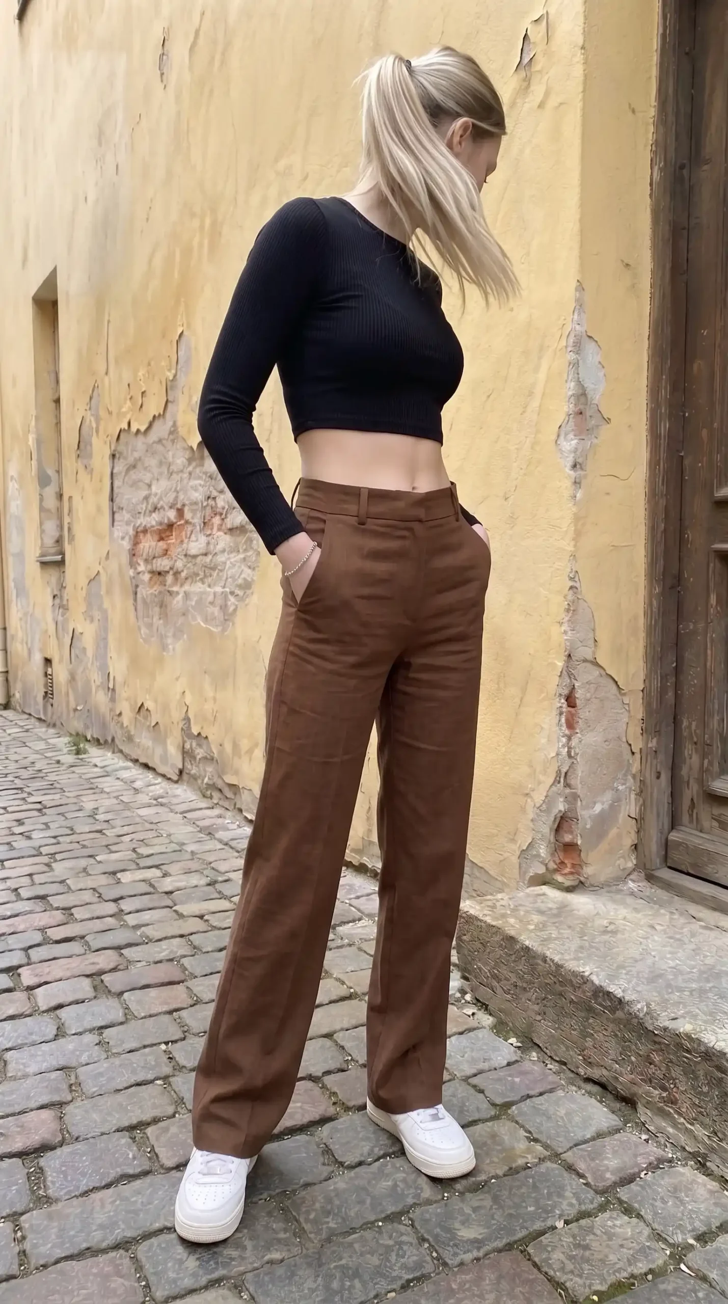 wearing black ribbed long sleeve crop top with brown wide leg linen trousers and white sneakers on cobblestone street