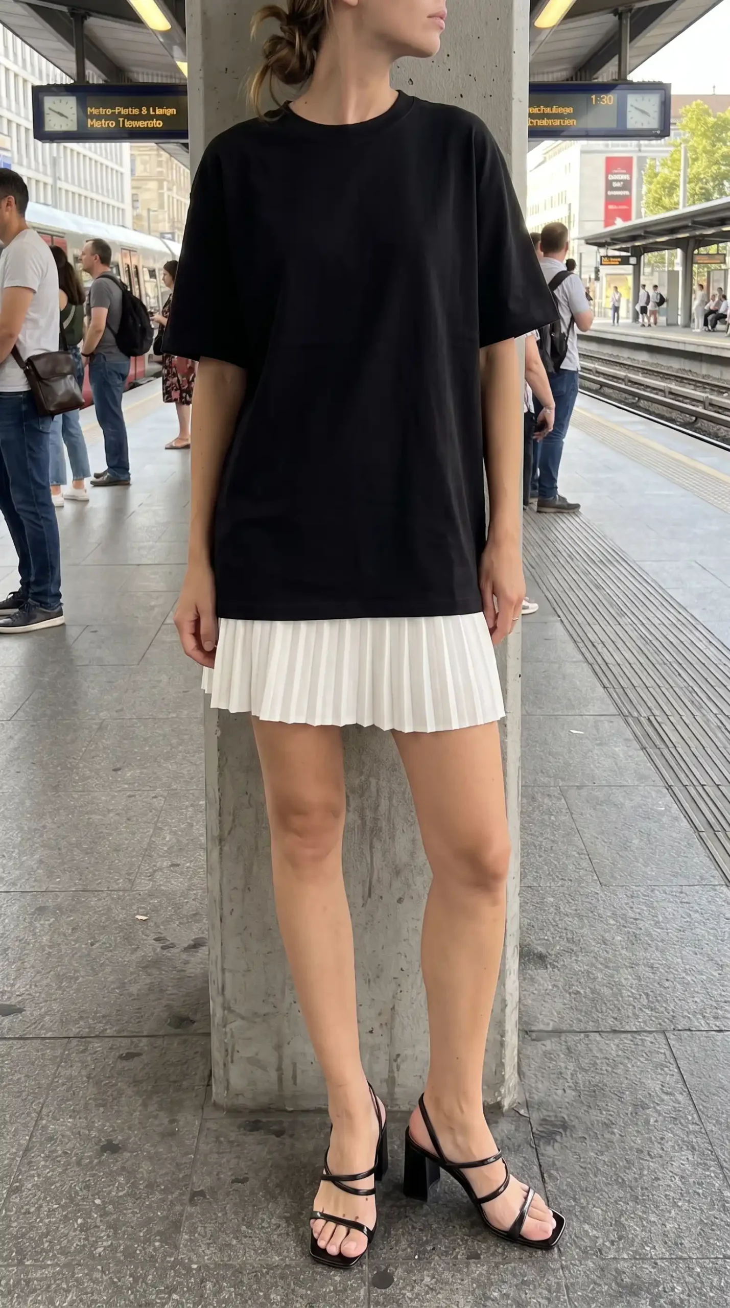 Woman wearing black oversized tee with white pleated mini skirt and black block heels at metro station