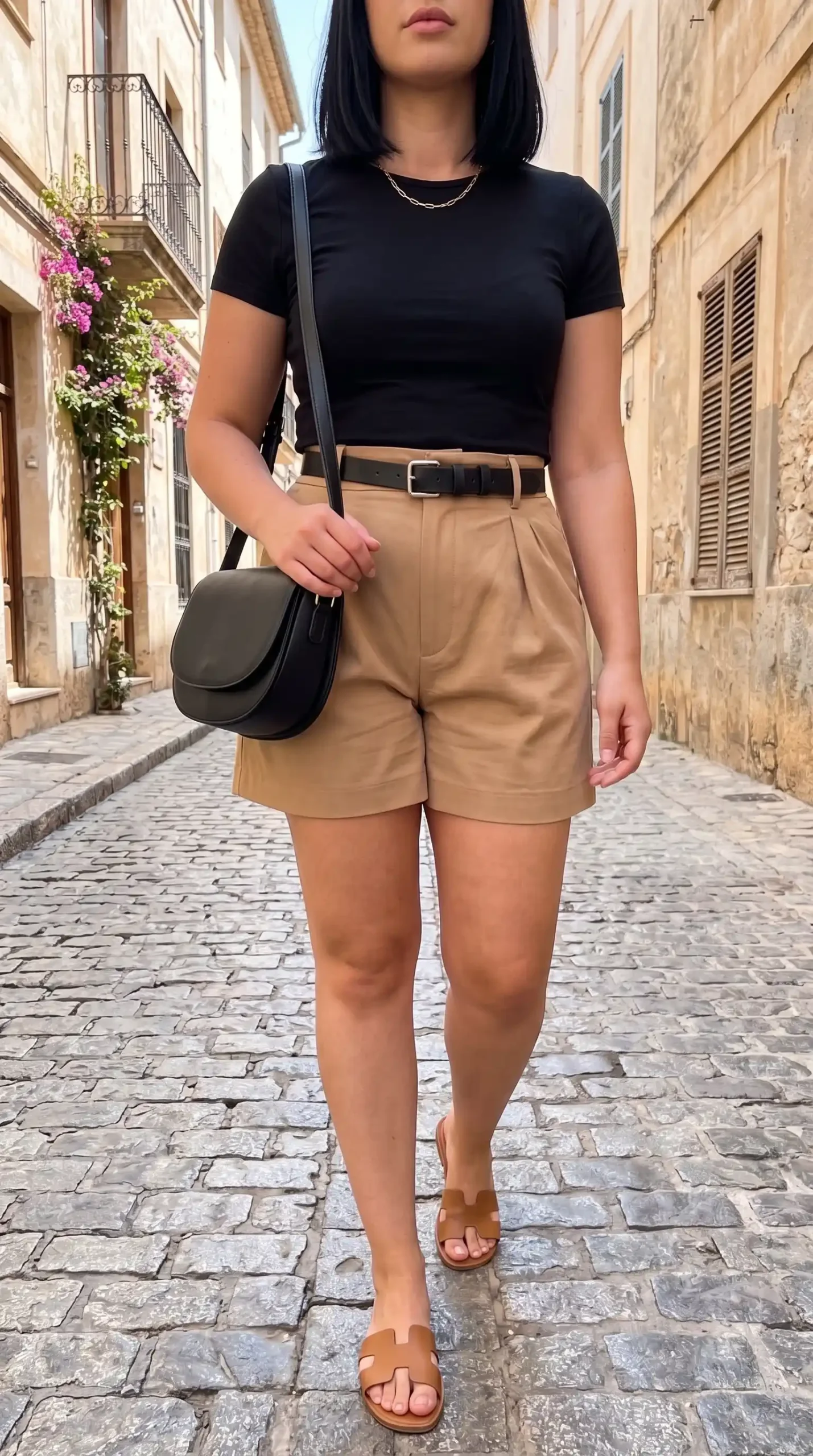 Woman wearing black tee and camel belted tailored shorts on European cobblestone street