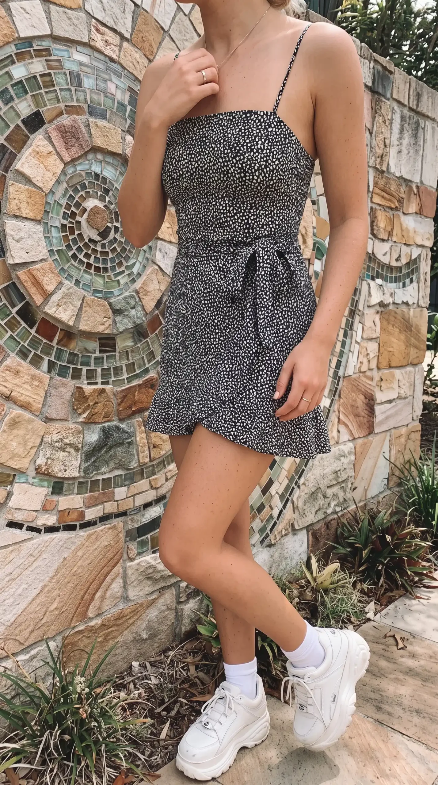 Black and white dalmatian print spaghetti strap mini dress with tie waist outdoors