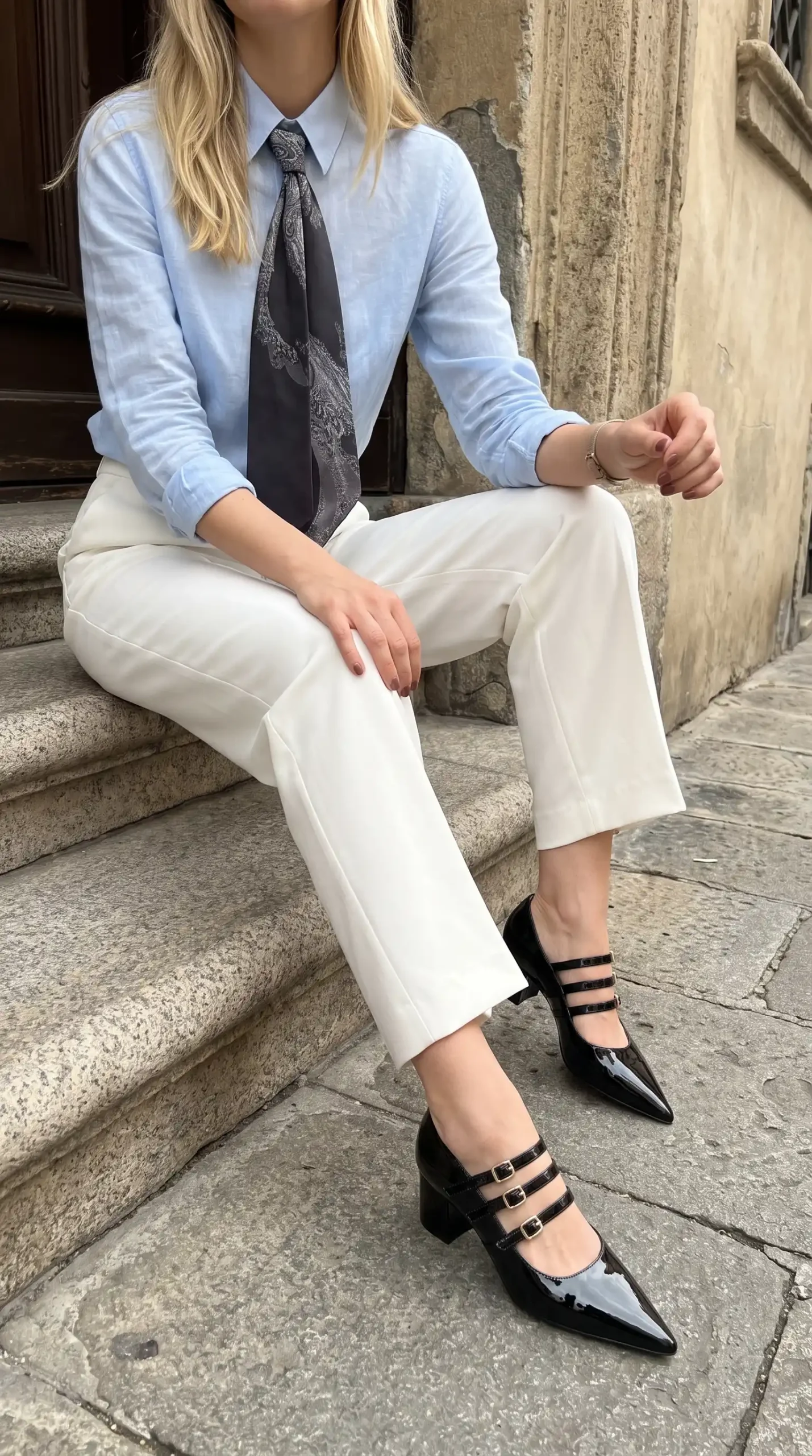 Woman wearing blue linen shirt with paisley tie and white trousers on stone steps