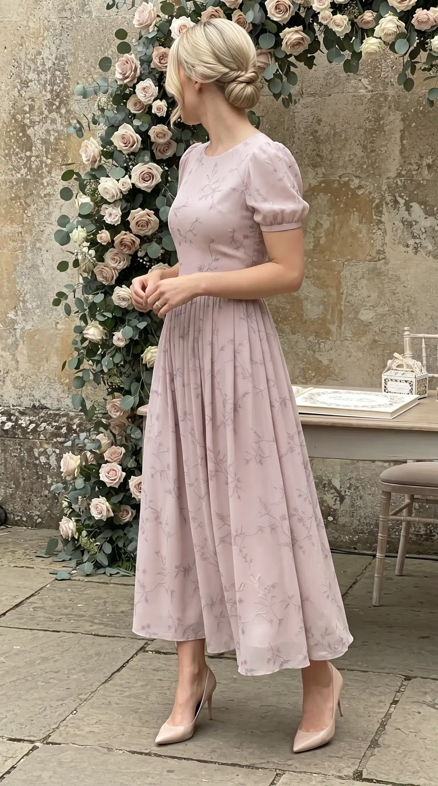Woman wearing blush mauve floral chiffon round neck puff sleeve pleated A-line maxi dress