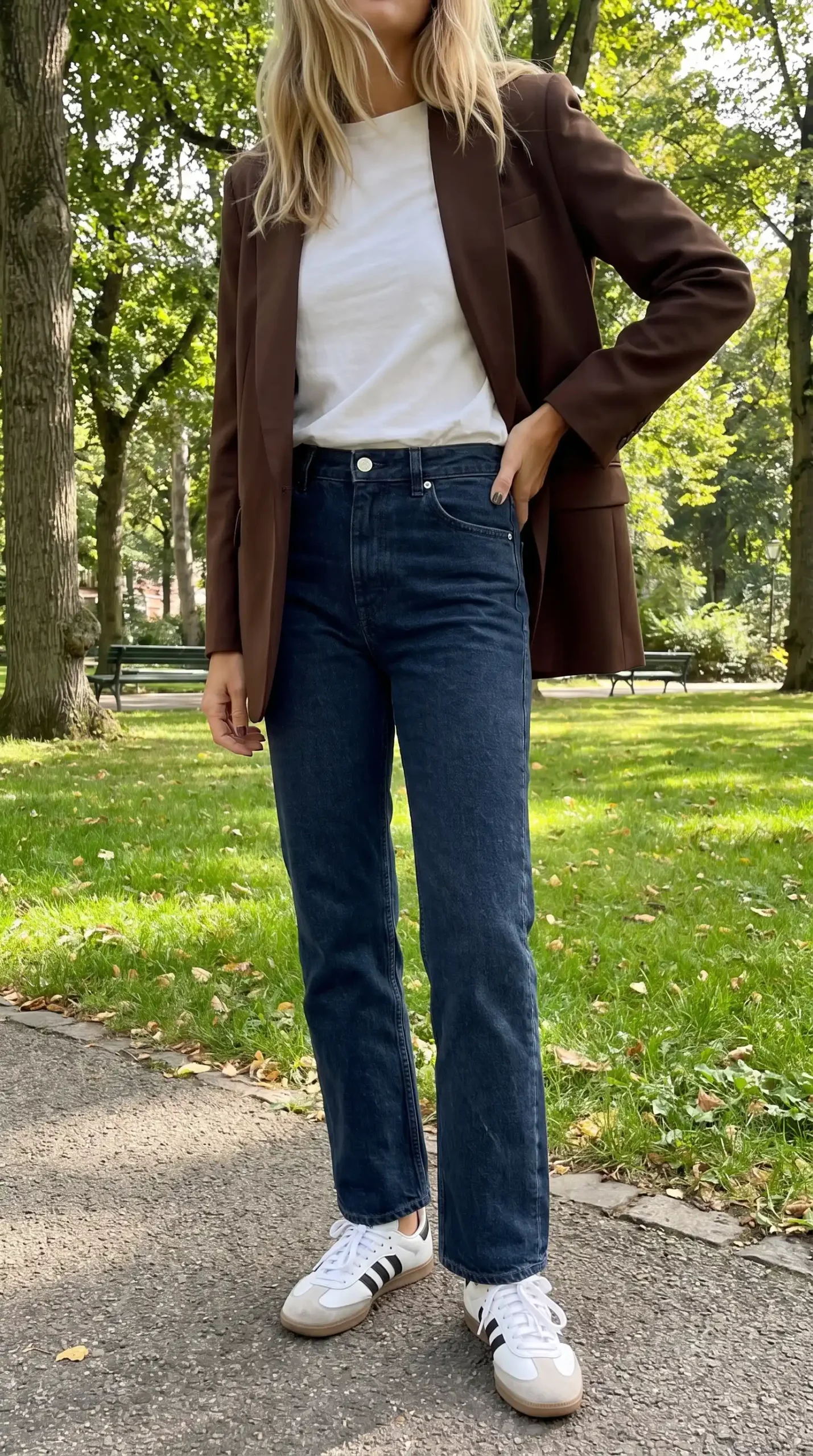 Woman wearing brown oversized blazer with white tee and dark wash jeans in park
