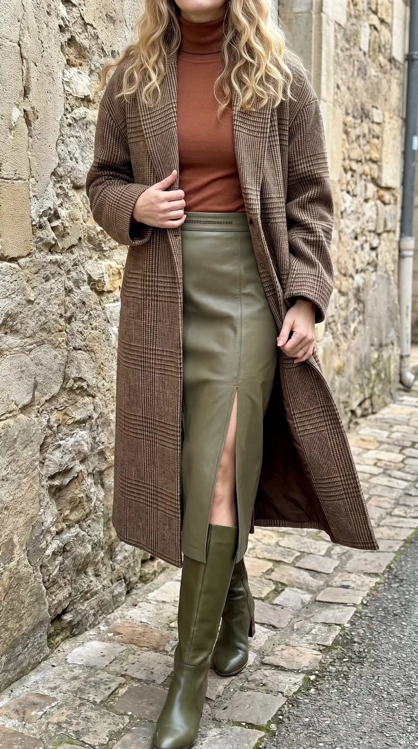 Woman wearing brown plaid coat with rust turtleneck and olive leather midi skirt on cobblestone street