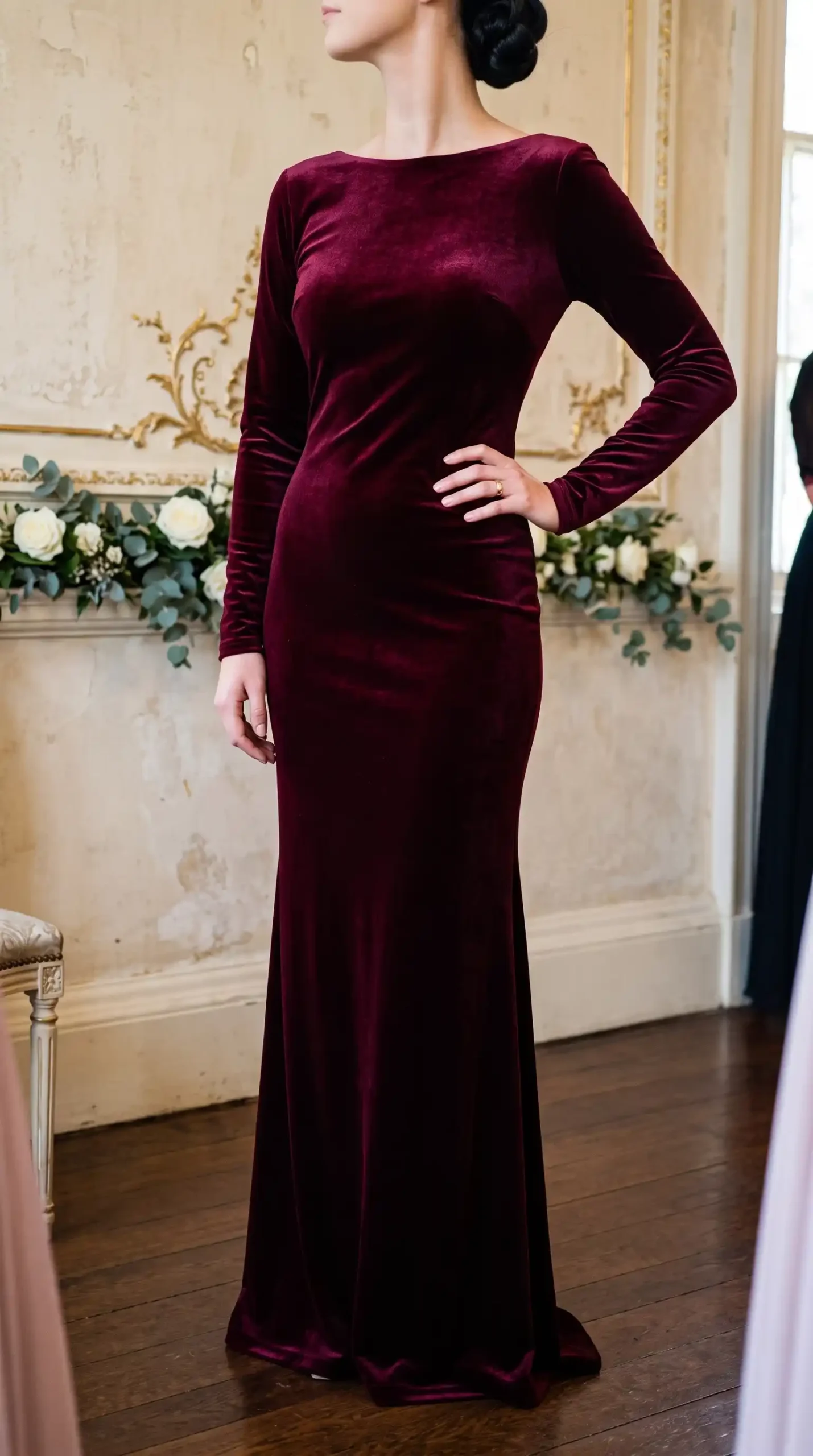 Burgundy velvet long sleeve fitted maxi gown fall wedding indoors