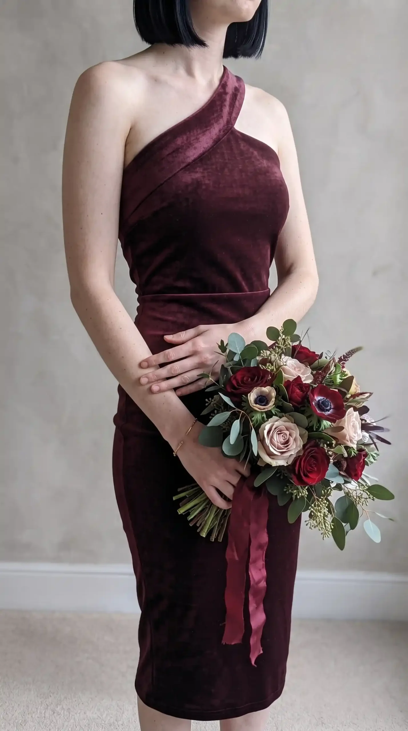 Deep wine burgundy velvet one shoulder fitted midi dress fall wedding