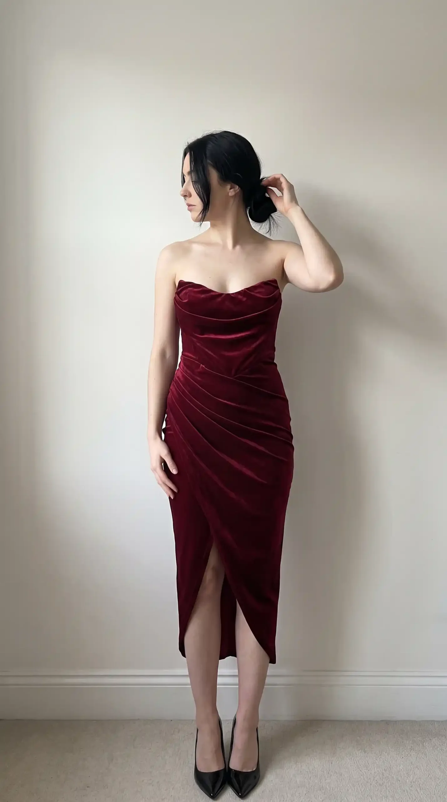 Burgundy velvet strapless sweetheart ruched midi dress with front slit fall wedding