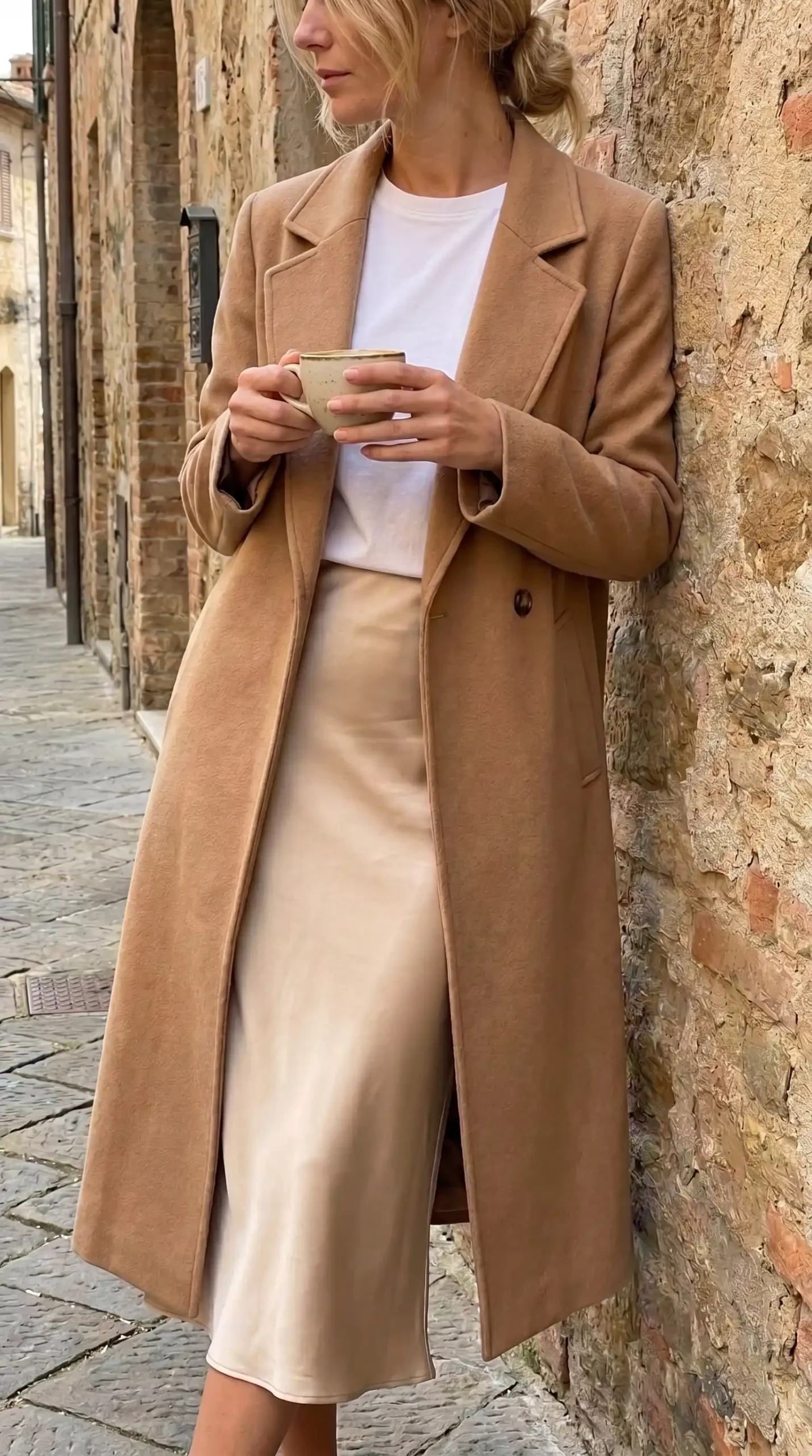 Woman wearing camel wool coat with white tee and champagne satin slip skirt on Italian cobblestone street
