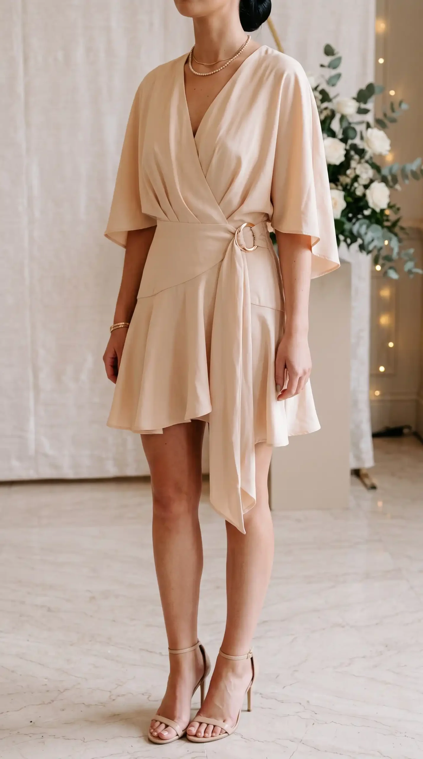 Woman wearing champagne beige satin V-neck batwing flutter sleeve gold ring belted wrap mini dress