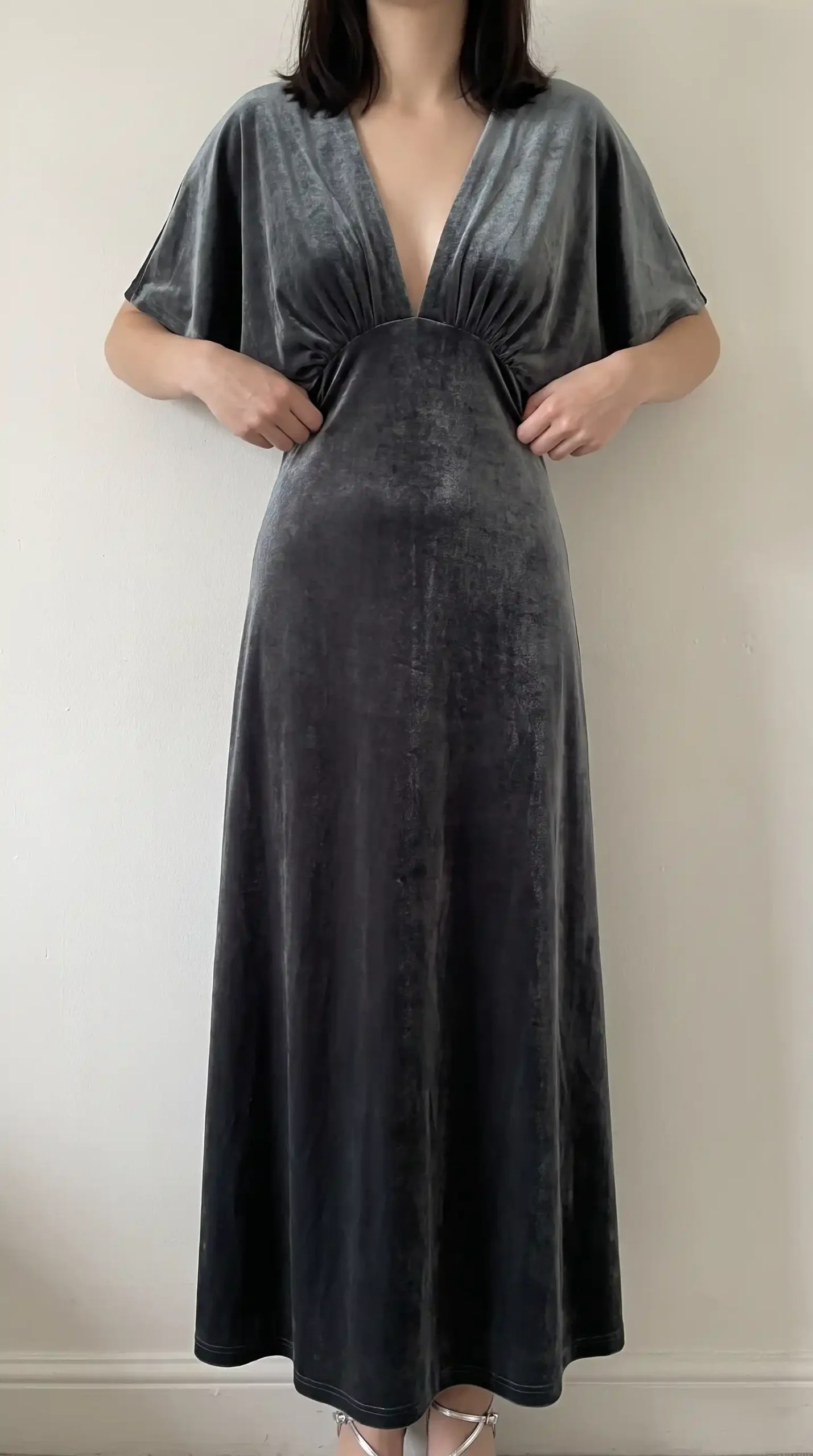 Charcoal grey velvet deep v neck flutter sleeve empire waist maxi dress fall wedding
