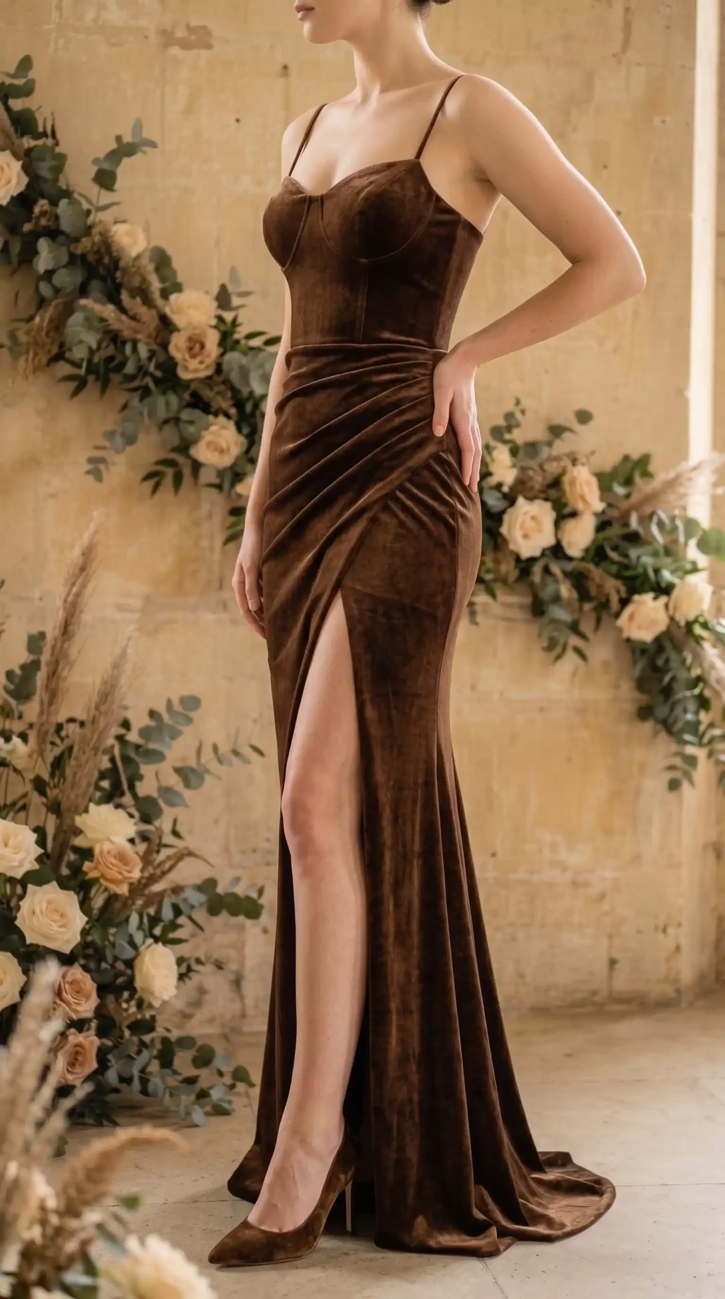 Chocolate brown velvet spaghetti strap corset maxi gown with front slit fall wedding