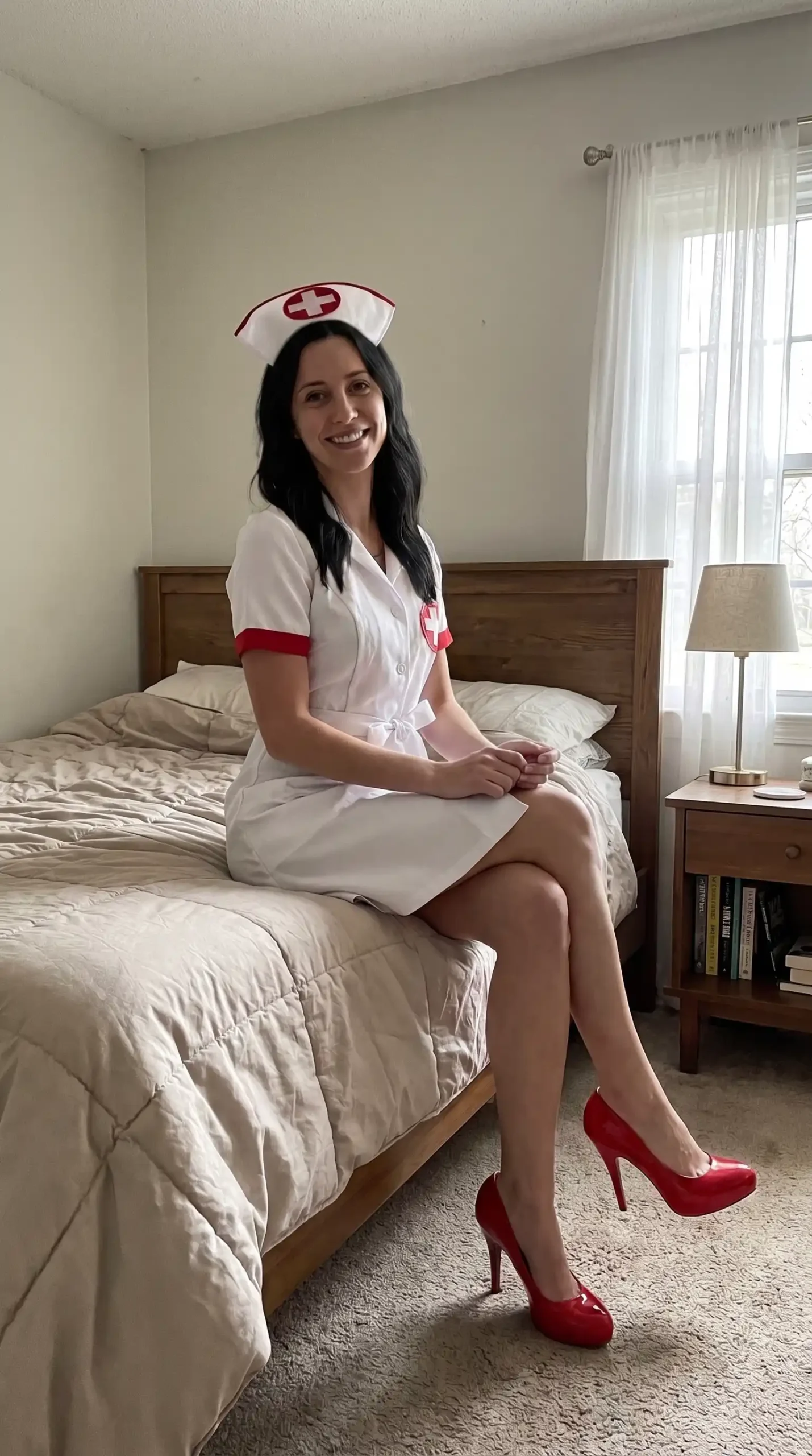 Woman in classic white nurse costume with red cross cap and red stiletto heels sitting on bed