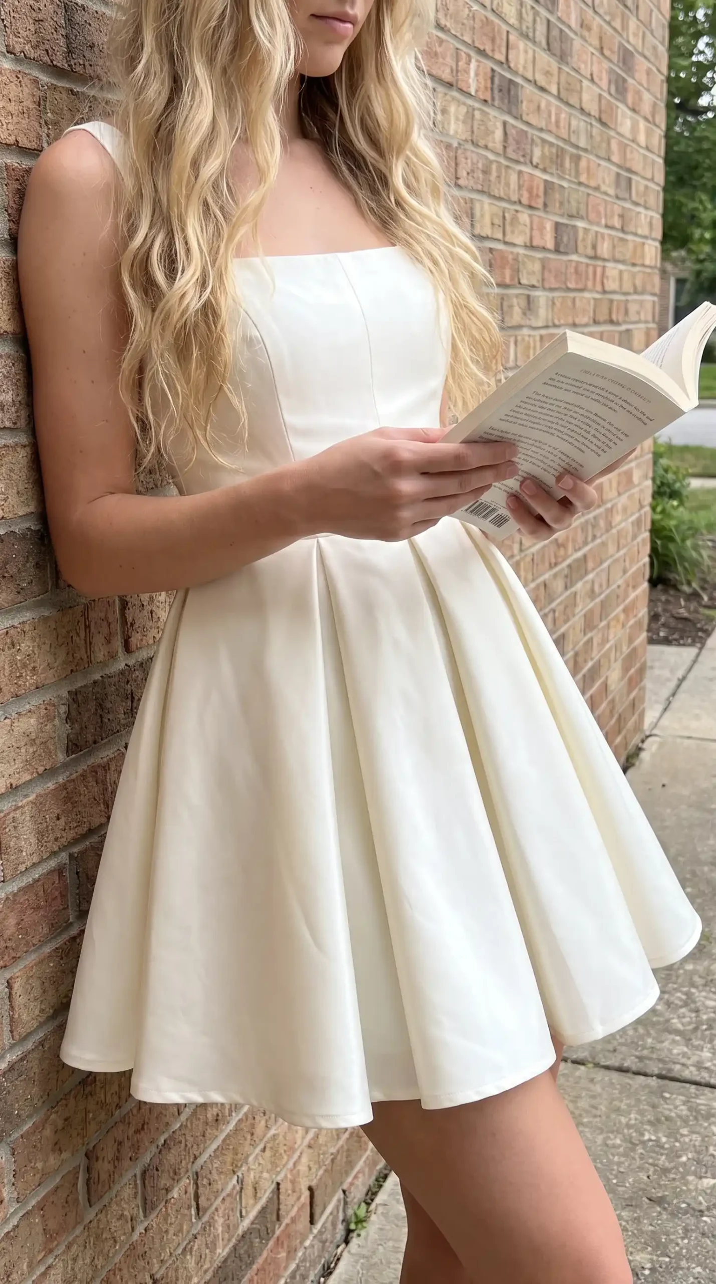Cream sleeveless square neck pleated skater mini dress