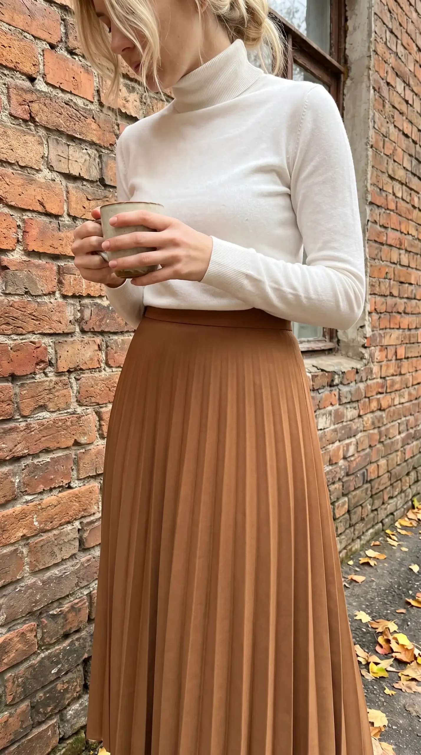Woman wearing cream turtleneck sweater with tan pleated satin midi skirt against brick wall